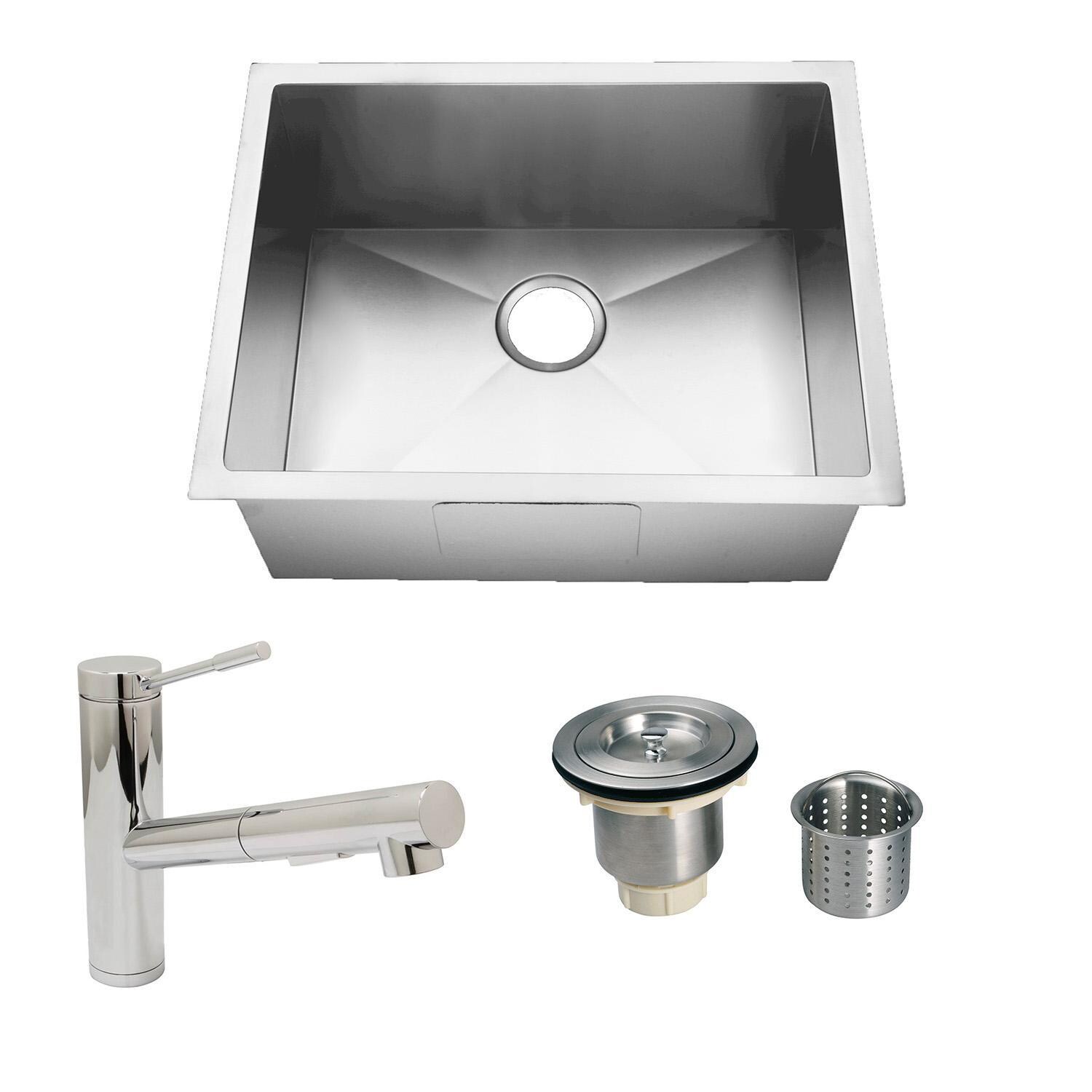 Huntington Brass HR-HBS2328B-N + LI-XD + HBK1623901-PF Homeplace Alto 23 X 18 Stainless Steel Outdoor Sink with  Huntington Brass Euro Style Pull Out Faucet and Strainer Basket - Bundle - White Background thumbnail