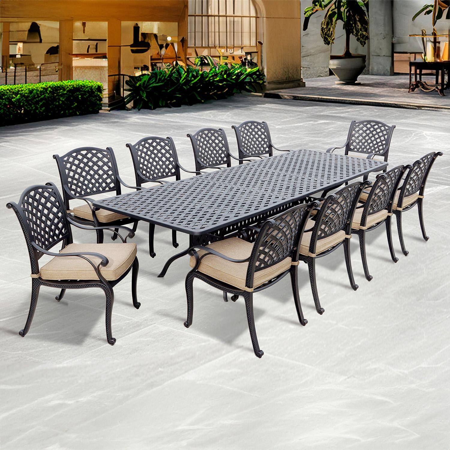 Nassau 11-Piece Patio Dining Set with Sesame Cushions and 42 X 120 Inch ...