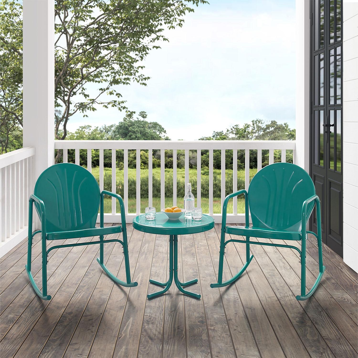 Ultimate Patio UP-32253TU 3Pc Retro Outdoor Rocking Chair Set in Turquoise - On Porch - Lifestyle thumbnail