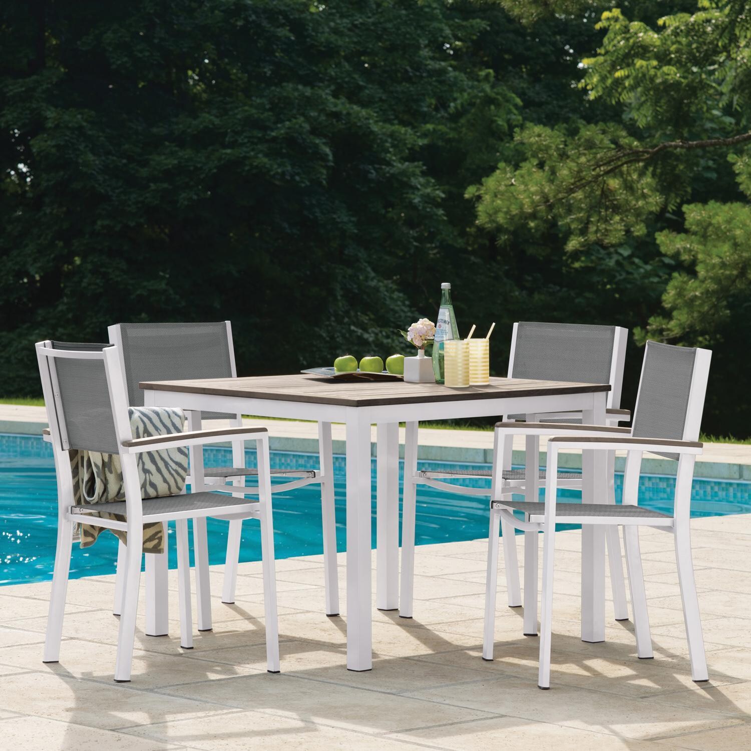 Oxford Garden Travira 4 Pc Composite Sling & Aluminum Dining Chair W/ Vintage Tekwood Arm Caps in Chalk/Titanium - Poolside Dining thumbnail