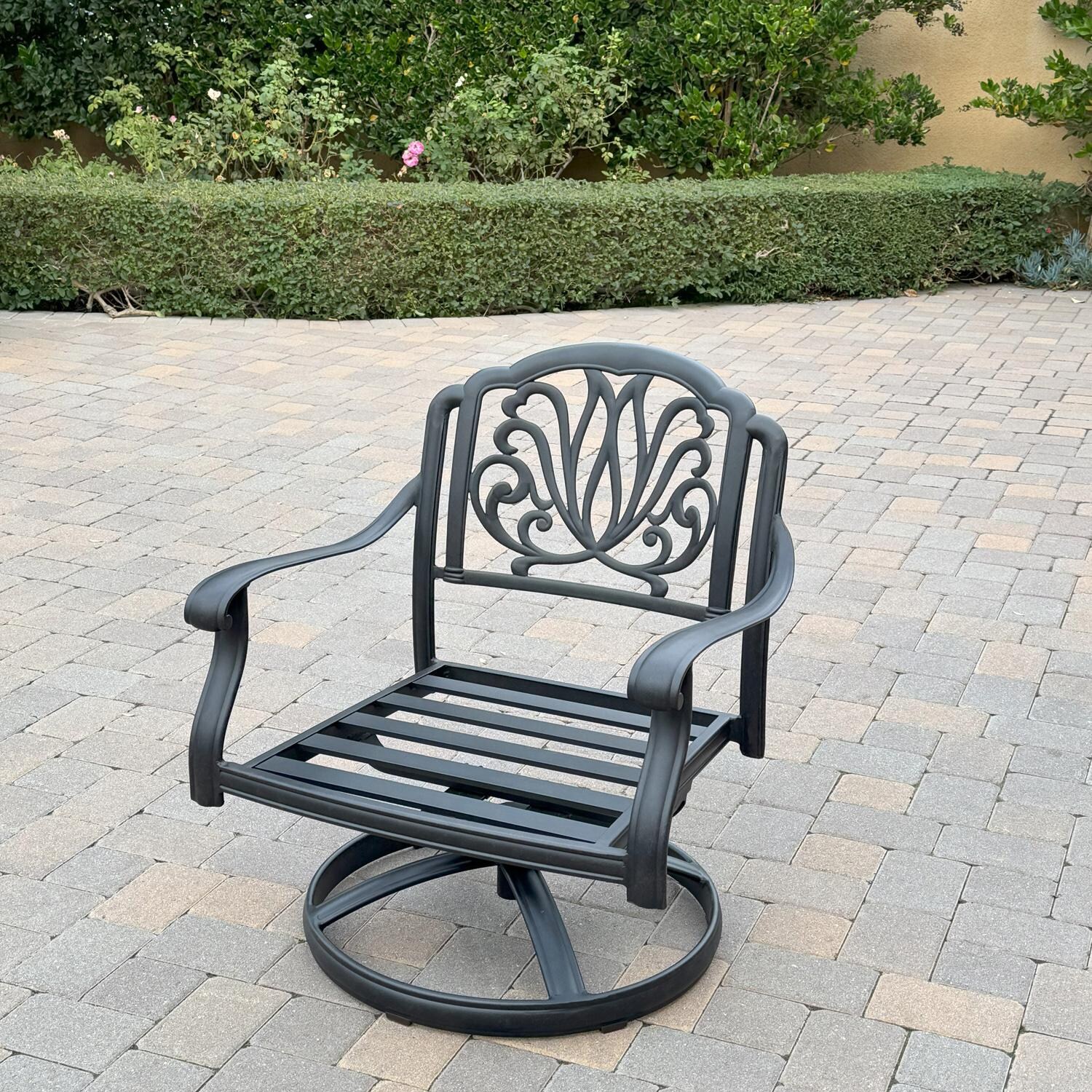 Darlee Elisabeth 4-Pc Cast Aluminum Fire Pit Seating Set w/ Swivel Chairs and Sofa in Antique Bronze/Beige - Swivel Chair - Alone - Lifestyle thumbnail