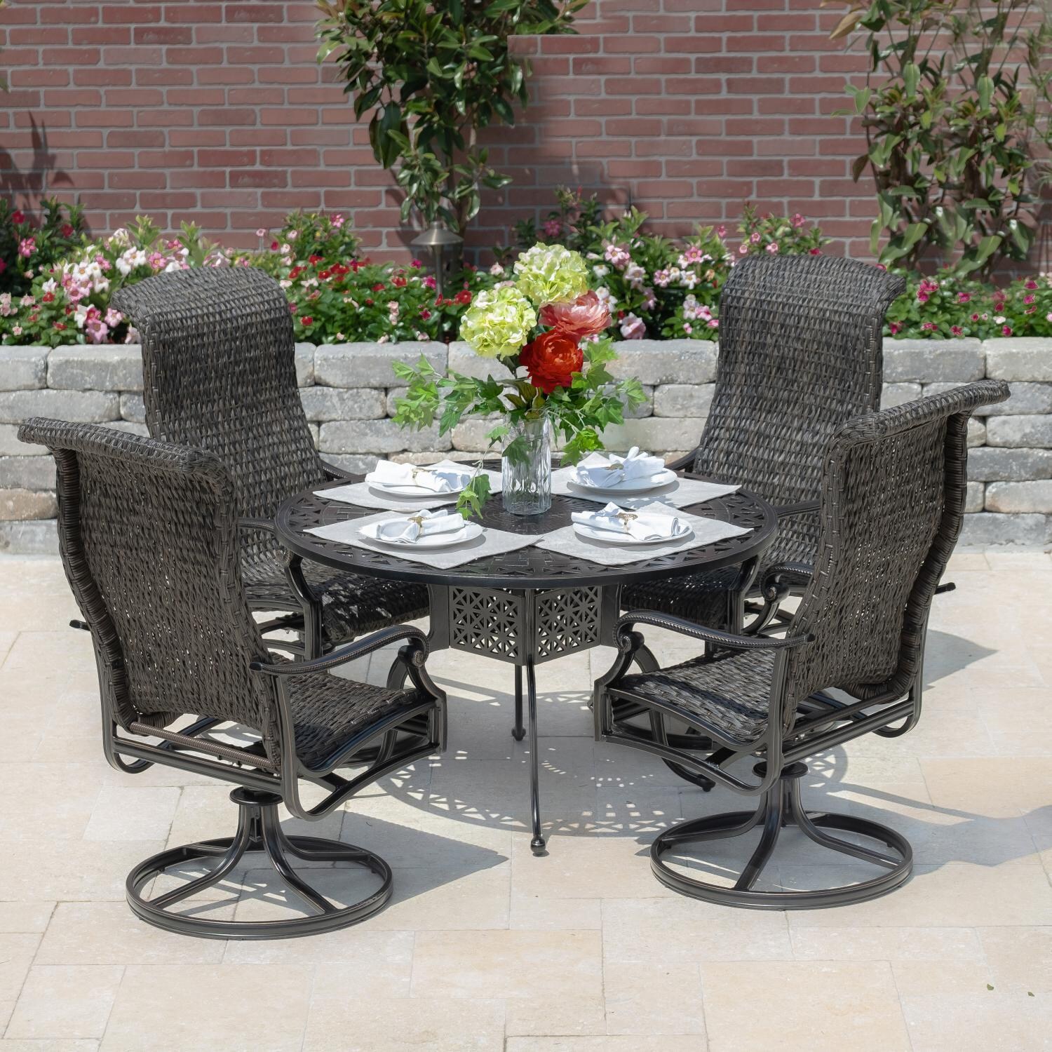 Du Monde 5 Piece Banana Leaf Wicker Patio Dining Set W/ 48-Inch Round Dining Table & Swivel Rockers By Lakeview Outdoor Designs thumbnail