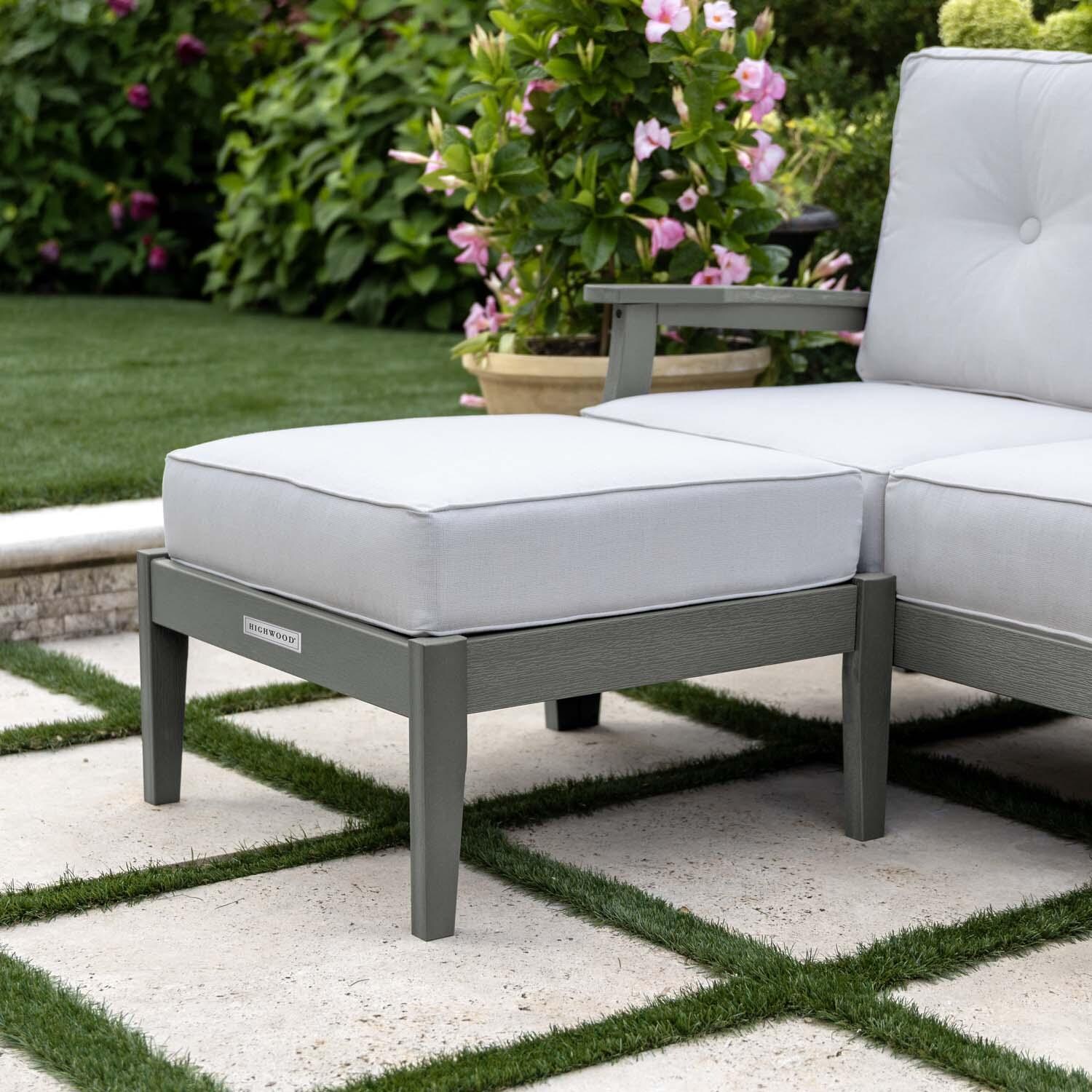 Blushing Bay Recycled Plastic Ottoman in Bliss Linen/Coastal Teak by Lakeview Outdoor Designs - Shown w/ Chair (Not Included) - Lifestyle thumbnail