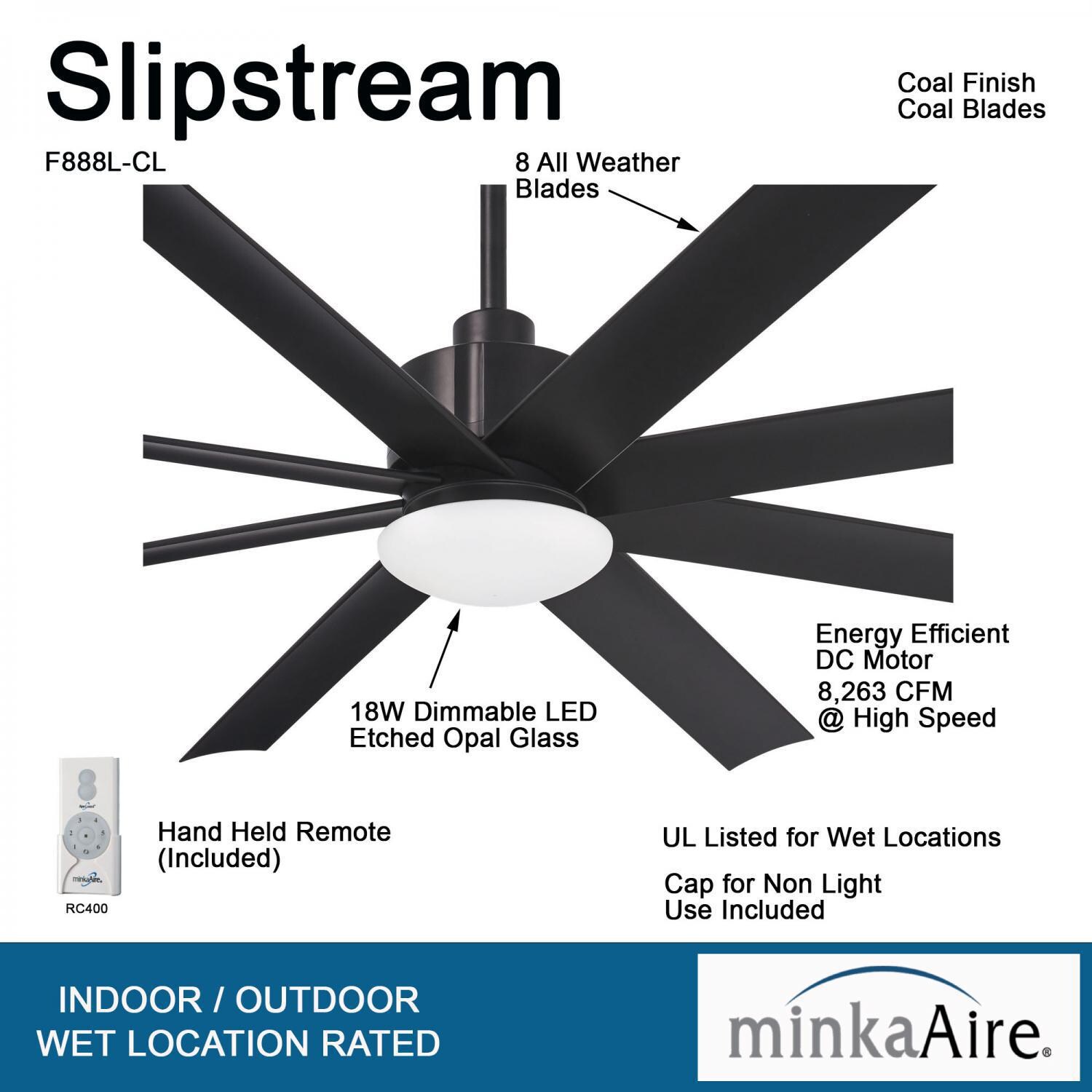 Minka-Aire F888L-CL Slipstream 65-Inch 8-Blade LED Ceiling Fan in Coal Finish w/ Distressed Koa Blades & Etched Opal Glass - Details thumbnail