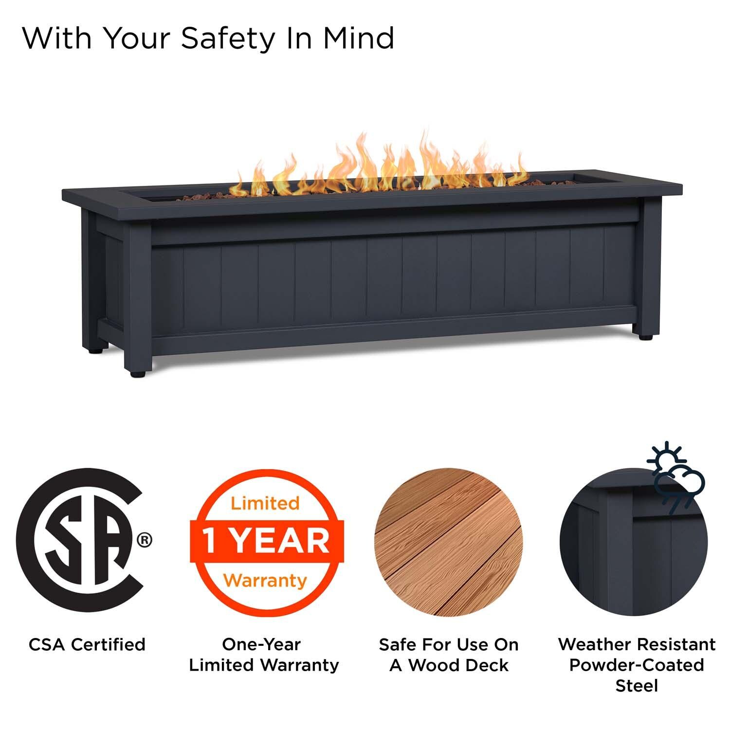 Cabin Way 50 Inch Rectangular Powder Coated Steel Propane Fire Pit Table in Gray by Lakeview Outdoor Designs - Safety thumbnail