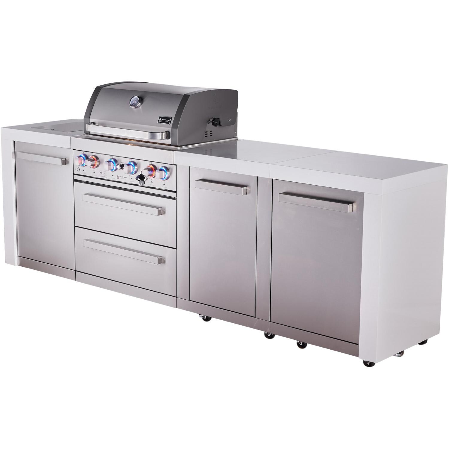 Mont Alpi Deluxe Series 7 Ft Propane Outdoor Kitchen Island w/ 32-in Grill, Side Burner & Extra Door - MAi400-DXL - Angled Right - White Background thumbnail