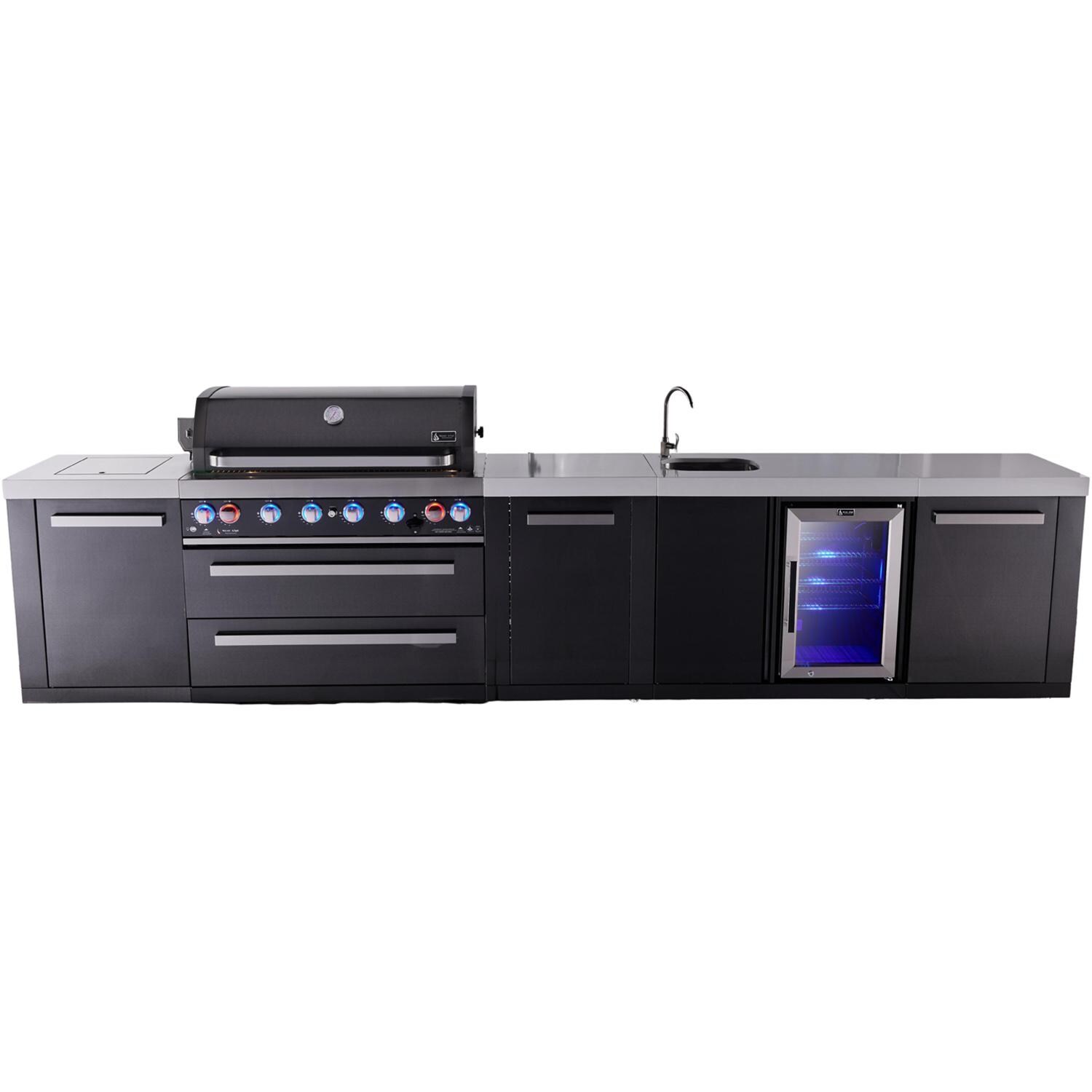 Mont Alpi Black Series 13 Ft Natural Gas Outdoor Kitchen Island w/ 44-in Grill, Side Burner, Beverage Center & Extra Door (Ships Propane w/ Conversion Kit)