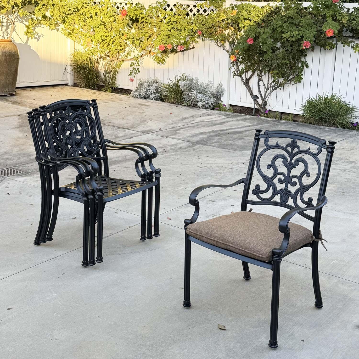 Santa Barbara 7 Pc Cast Aluminum Swivel / Rocker Dining Set in Antique Bronze/Sesame by Darlee - Chairs Stacked - Lifestyle thumbnail