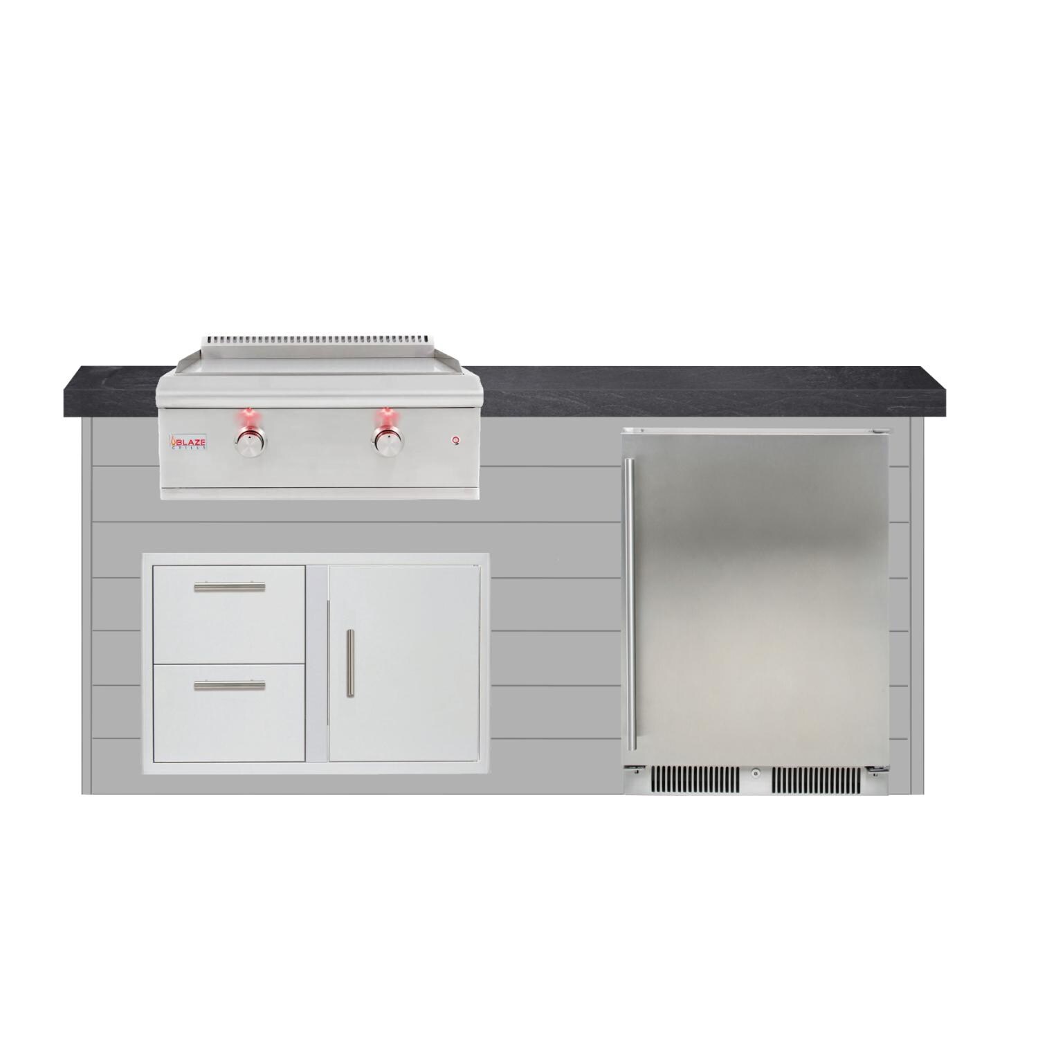 BBQGuys Signature 6ft Luxury Outdoor Island W/ Blaze Premium LTE 30-Inch Natural Gas Griddle & Outdoor Rated Refrigerator - Light Gray Steel W/ Black Polished Granite thumbnail