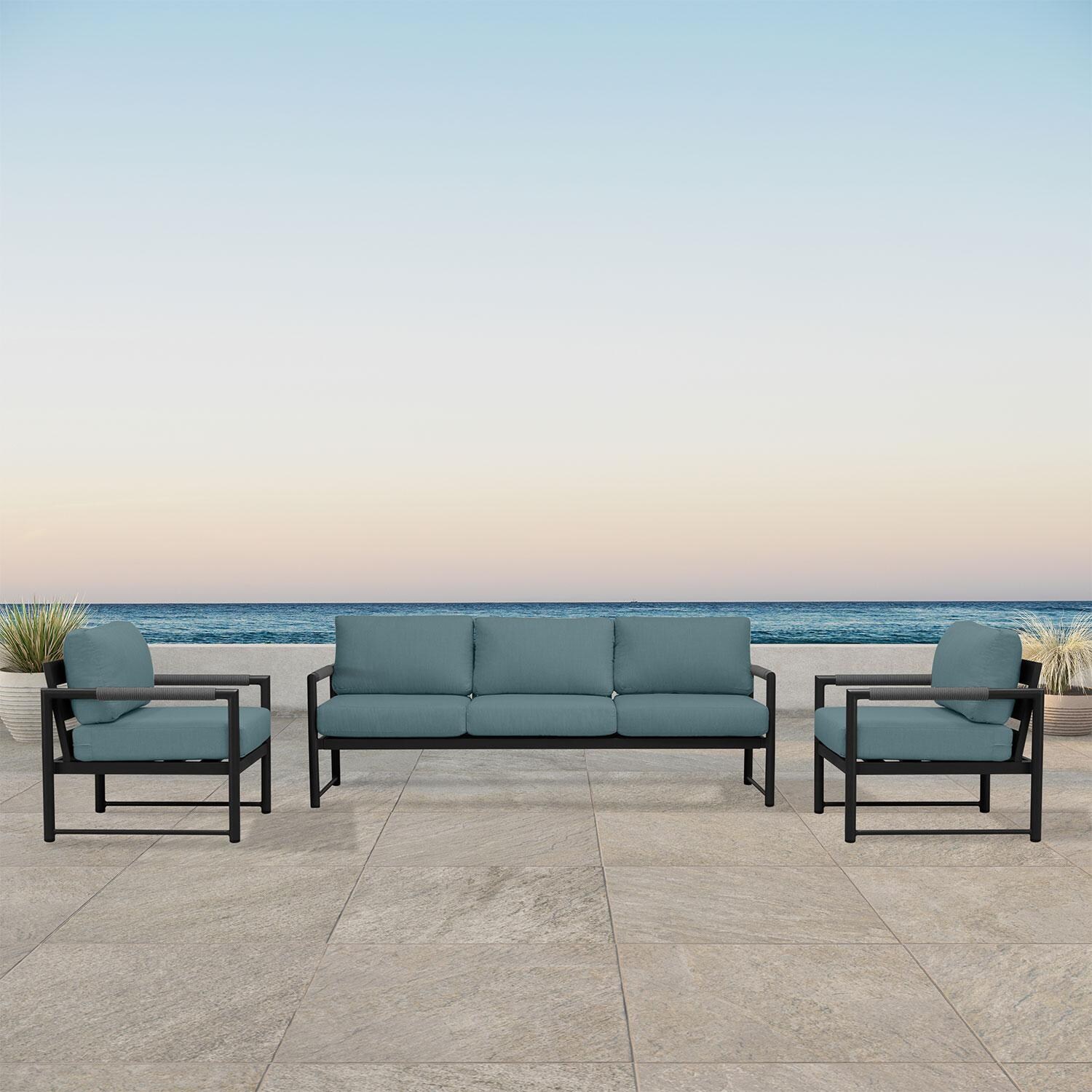 Avenue Bay 3 Pc Aluminum Sofa Club Chair Set in Black/Cast Lagoon by Lakeview Outdoor Designs