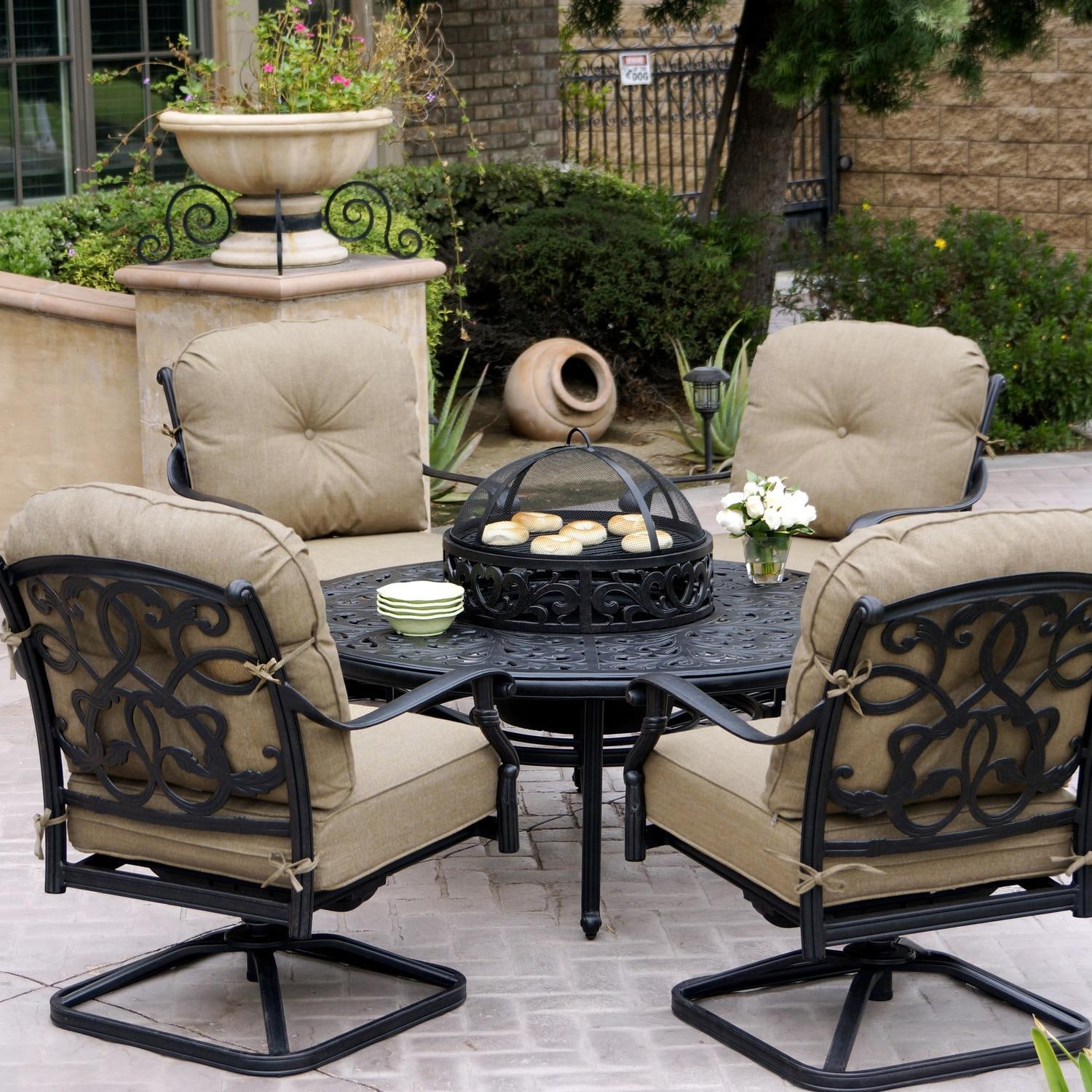 Darlee Santa Monica 5 Pc Cast Aluminum Fire Pit Seating Set w/ 52 Inch Series 80 Table