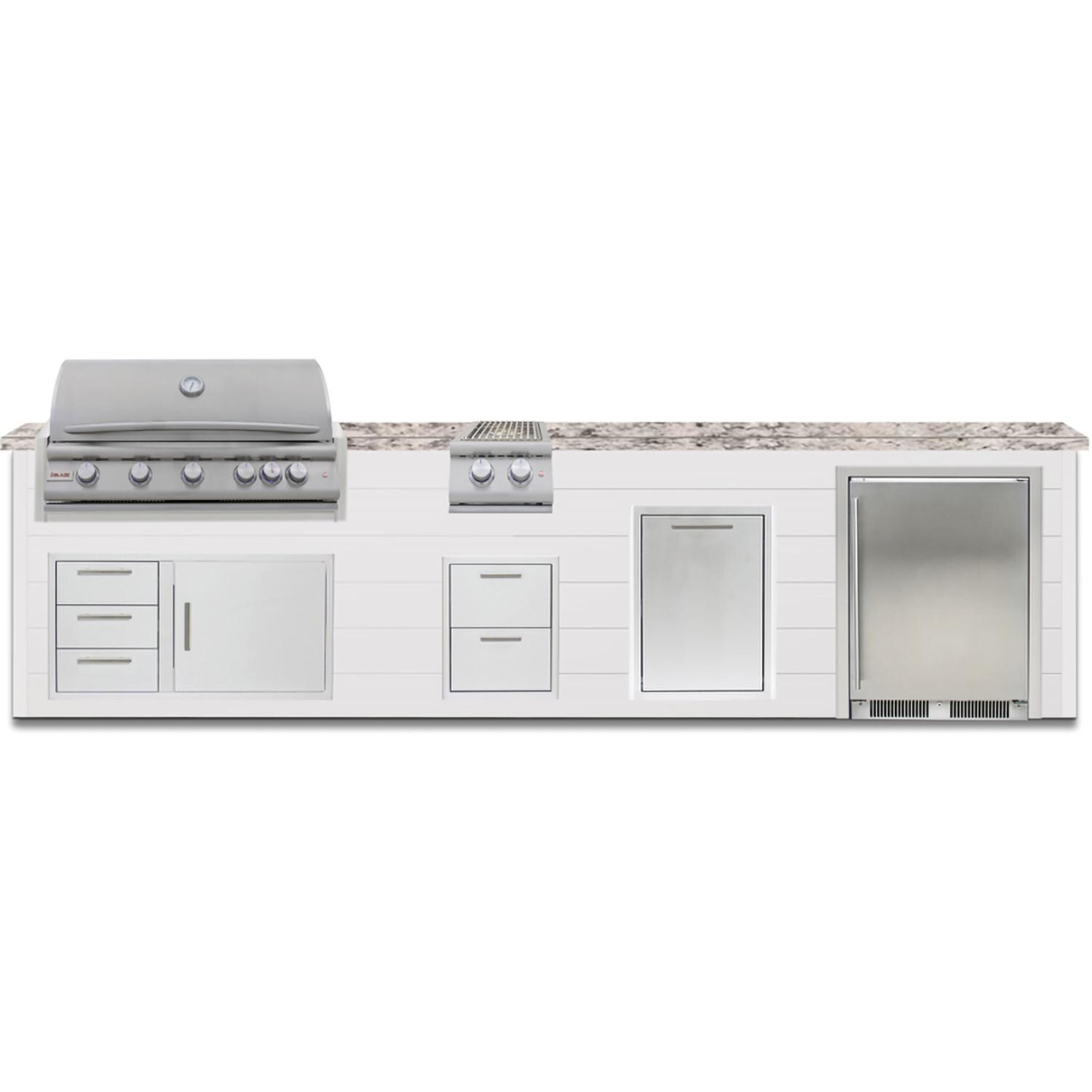 BBQGuys Signature 12 Ft Grill Island w/ 40-in Propane Blaze LTE+ Grill, Double Side Burner, Refrigerator, Narrow Trash Bin & Door & Drawer | Crystal White w/ White Granite - Front - White Background thumbnail
