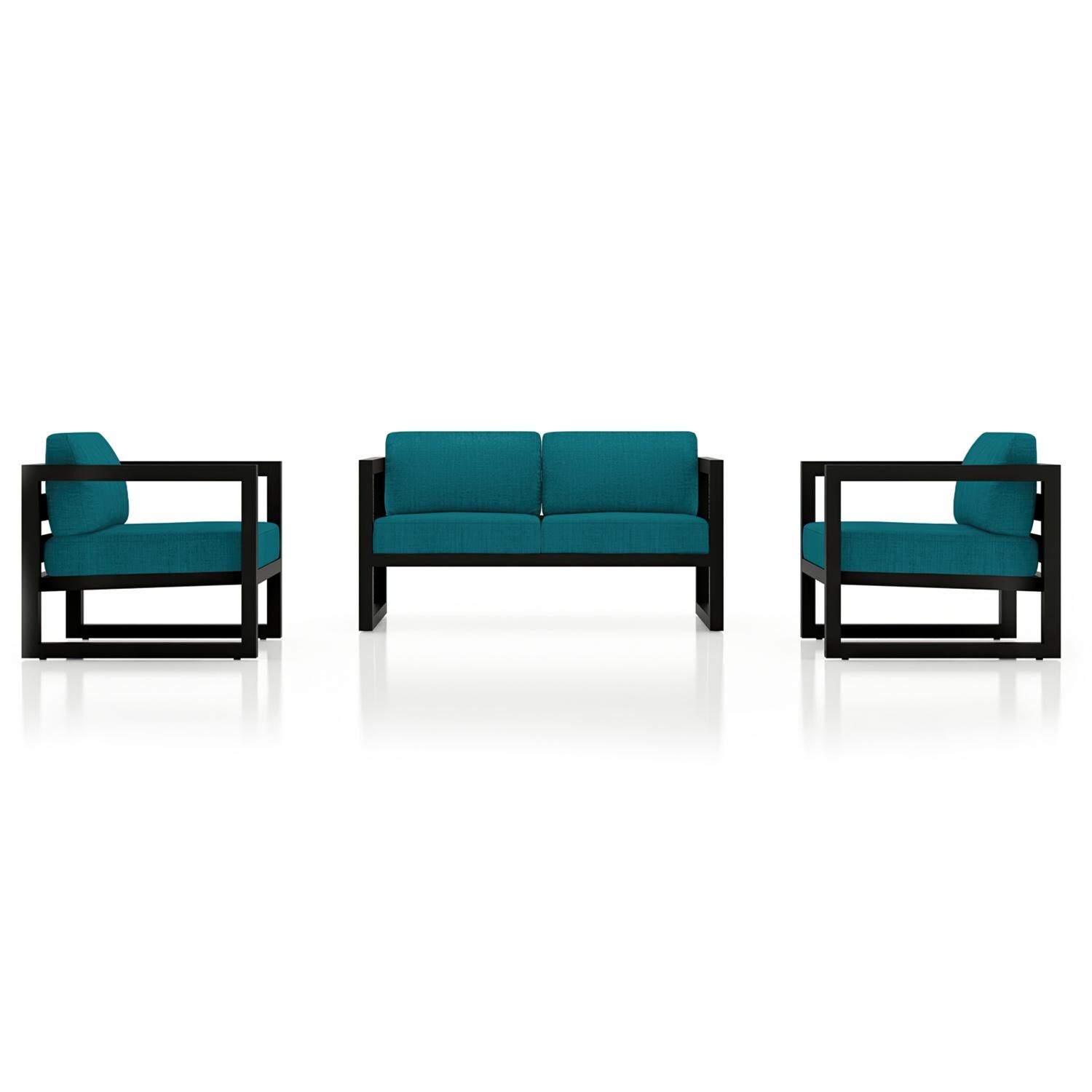 Lakeview MSTYCV-BK-3LSS-PC Misty Cove 3 Pc Aluminum Seating Set in Black w/Loveseat & Spectrum Peacock Cushions by Lakeview Outdoor Designs - Set Front View - White Background thumbnail