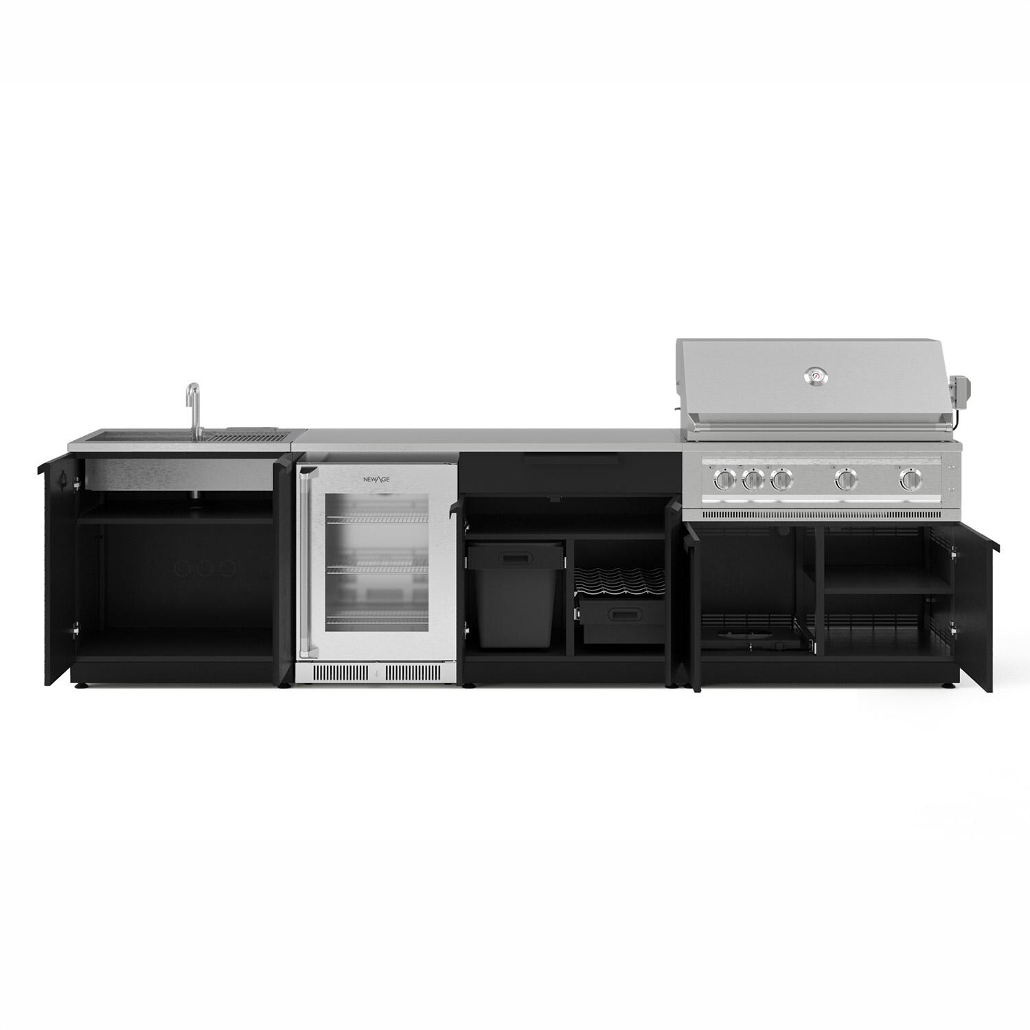 NewAge Products Classic Series 10 1/2 Ft Outdoor Kitchen Island w/ 40-in Natural Gas Grill, Sink, Glass Door Refrigerator, Trash Bin, Door & Drawer in Matte Black/Stainless Steel