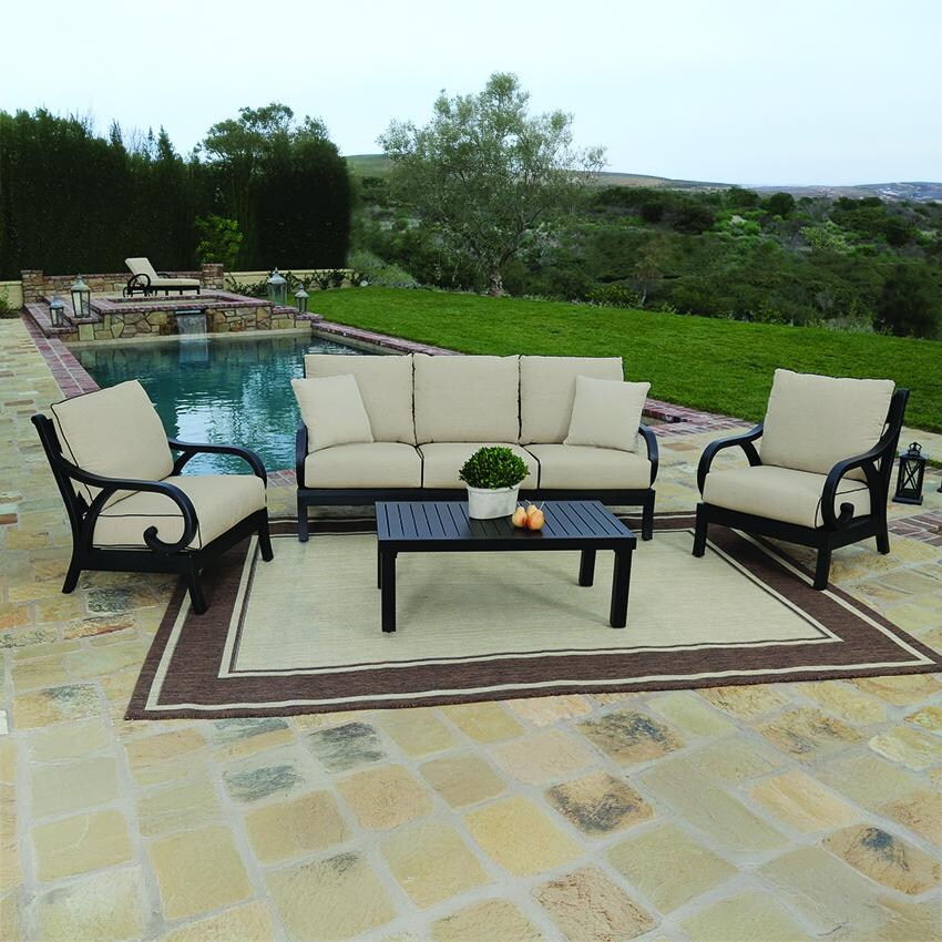 Monterey Sofa in Copper/Linen Stone w/ Selt Welt by Sunset West - Shown w/ Companion Pieces (Not Included) On Patio - Lifestyle thumbnail