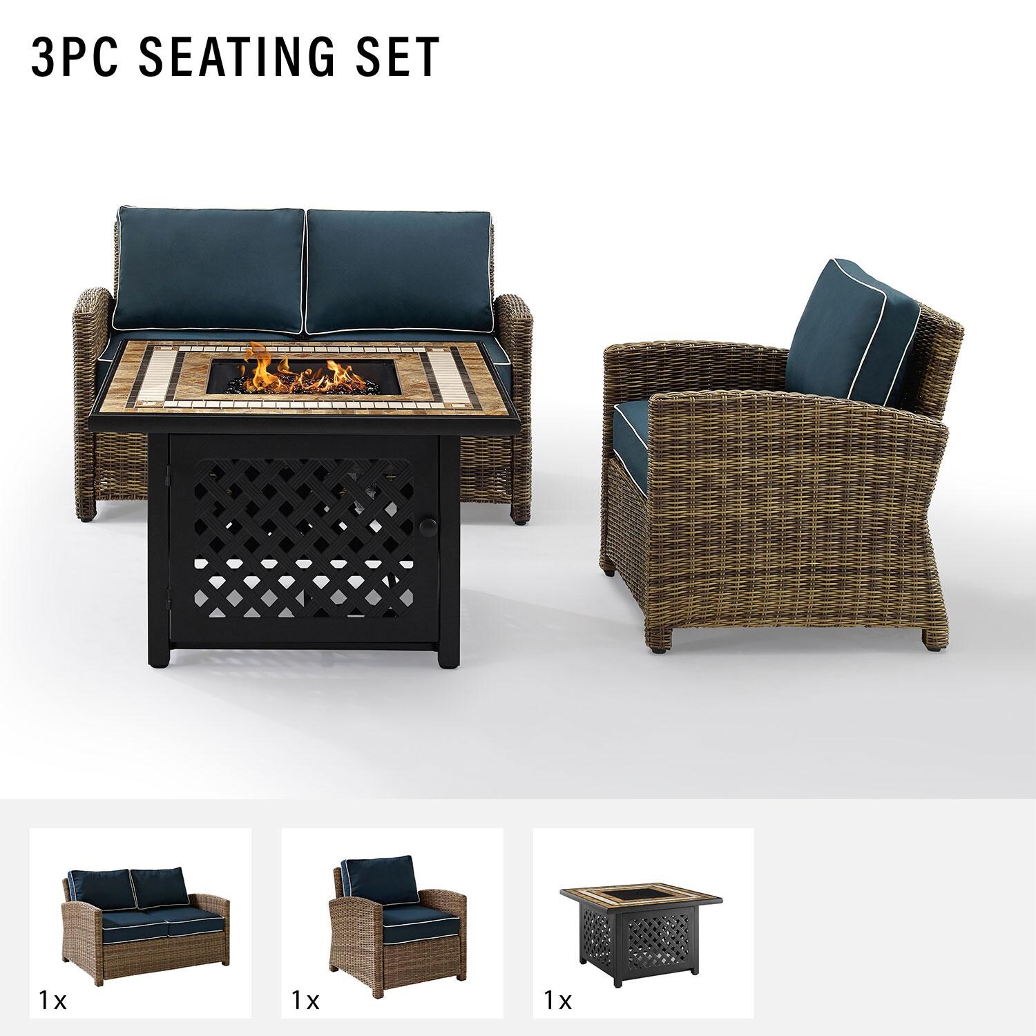 Ultimate Patio UP-92394-NV 3Pc Wicker Outdoor Loveseat Set in Navy - Included in Set (Loveseat, Club Chair, & Fire Table) - Diagram thumbnail