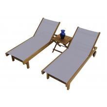 Sundaze 3 Piece Teak Patio Chaise Lounge Set W/ 20 Inch Square Folding Side Table By Royal Teak Collection - Gray Sling