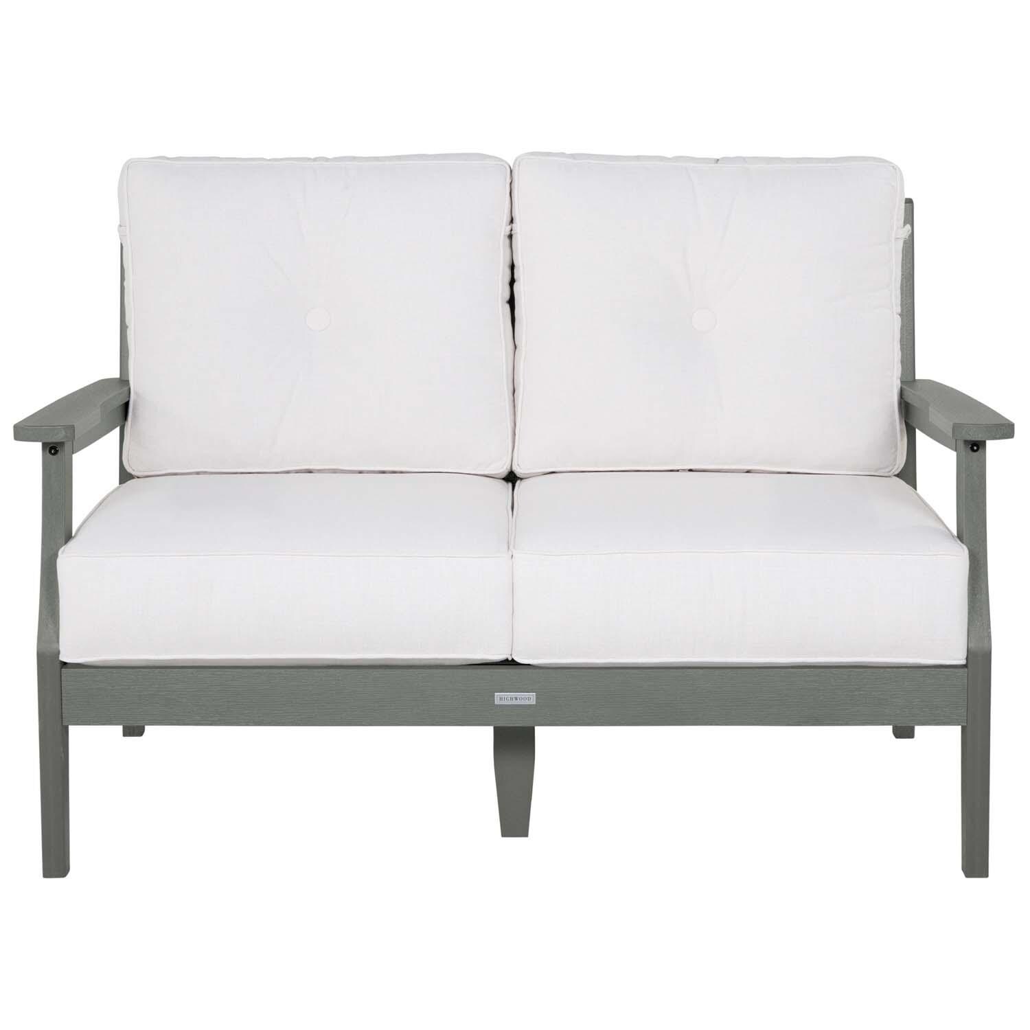 Blushing Bay 2 Person Recycled Plastic Loveseat in Bliss Linen/Coastal Teak by Lakeview Outdoor Designs - White Background thumbnail