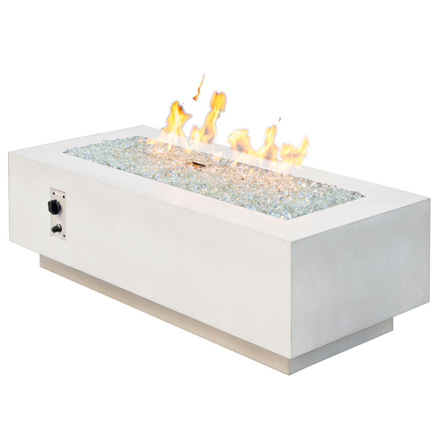 The Outdoor GreatRoom Company Cove CV-54WT-NG 54-Inch Linear Natural Gas Fire Pit Table with 42-Inch Crystal Fire Burner - Ships As Propane With Conversion Fittings - White - Shown With Burner Lit thumbnail