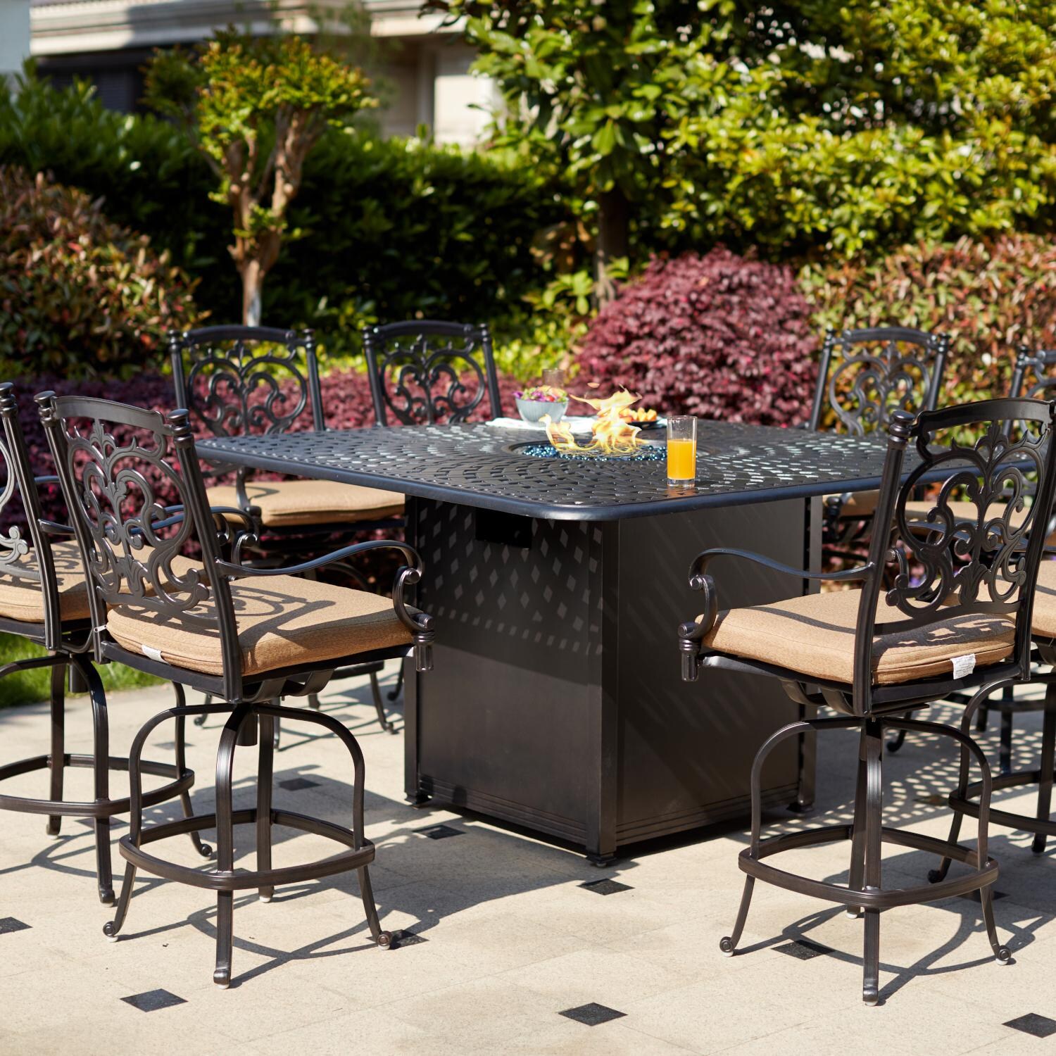 Darlee 201010-9PC-60GHW Santa Barbara 9 Piece Cast Aluminum Patio Counter Height Fire Pit Bar Set W/ 64 Inch Square Table & Sesame Cushions  thumbnail
