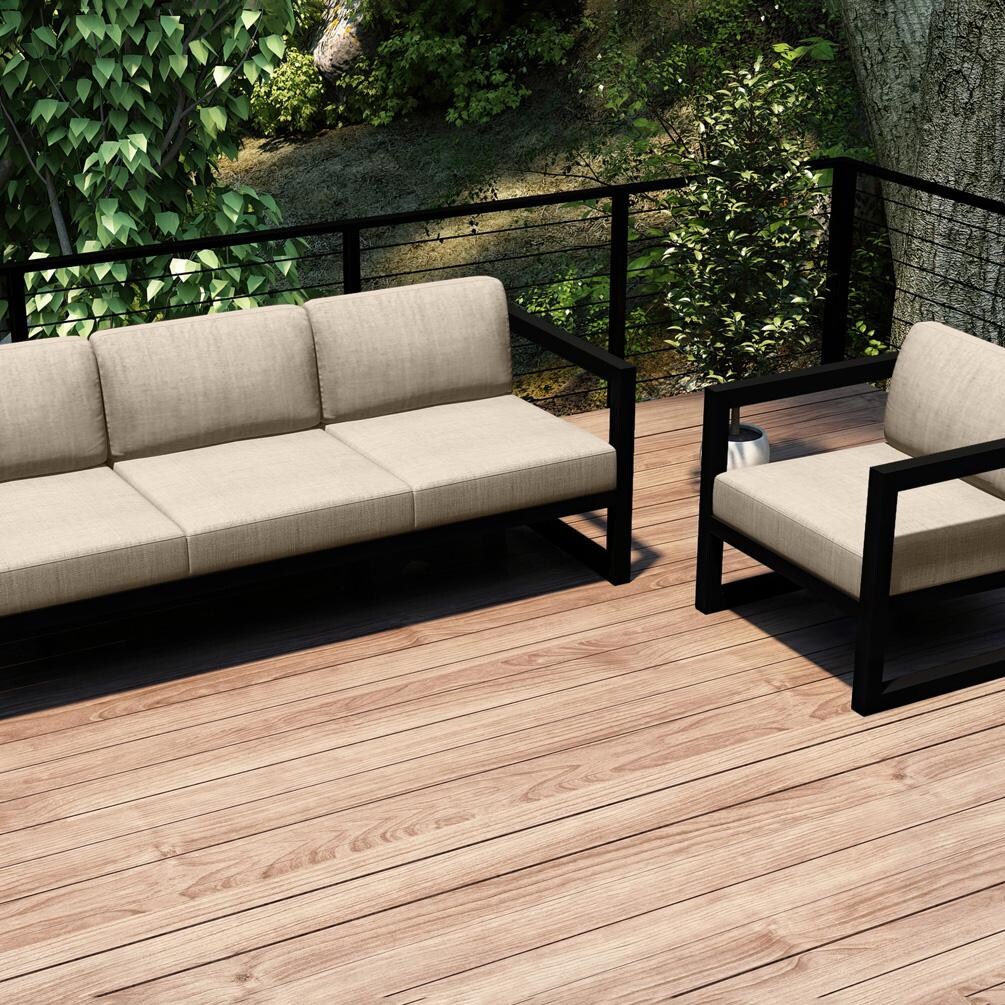 Lakeview MSTYCV-BK-2SS-CF Misty Cove 2 Pc Aluminum Seating Set in Black w/Canvas Flax Cushions by Lakeview Outdoor Designs - Set Outside Cropped - Lifestyle thumbnail