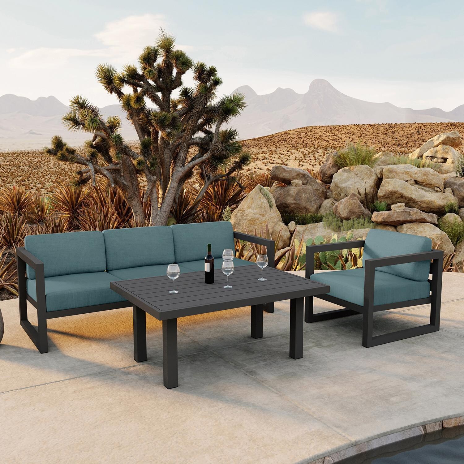 Misty Cove 3 Piece Seating Set in Slate w/Chat Table & Cast Lagoon Cushions by Lakeview - Lifestyle thumbnail