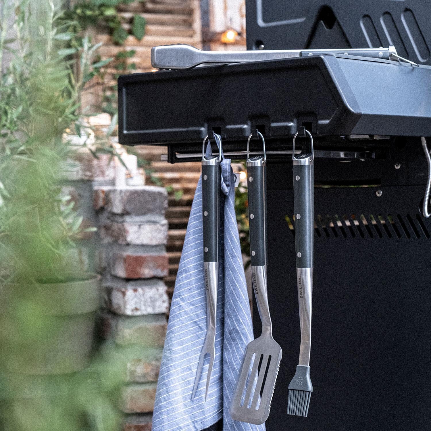 Zwilling Henckels Cutlery 1026269 BBQ+ 5 Pc Stainless Steel Grill Tool Set - Hanging On Grill Hooks - Lifestyle thumbnail