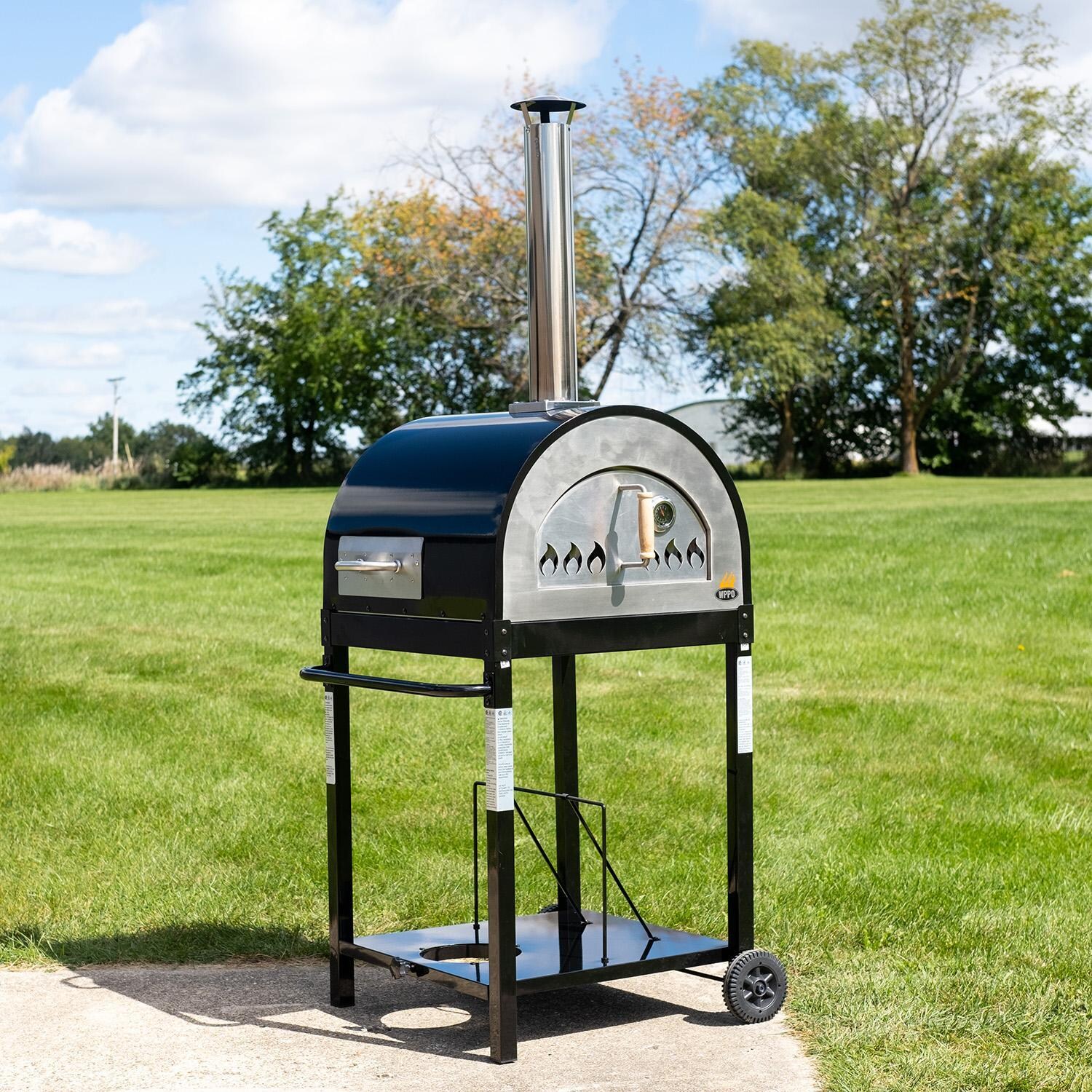 WPPO WKE-04WG-BLK Traditional Dual Fueled 25-in Wood/Gas-Fired Oven - Black - Shown on Cart - Lifestyle thumbnail