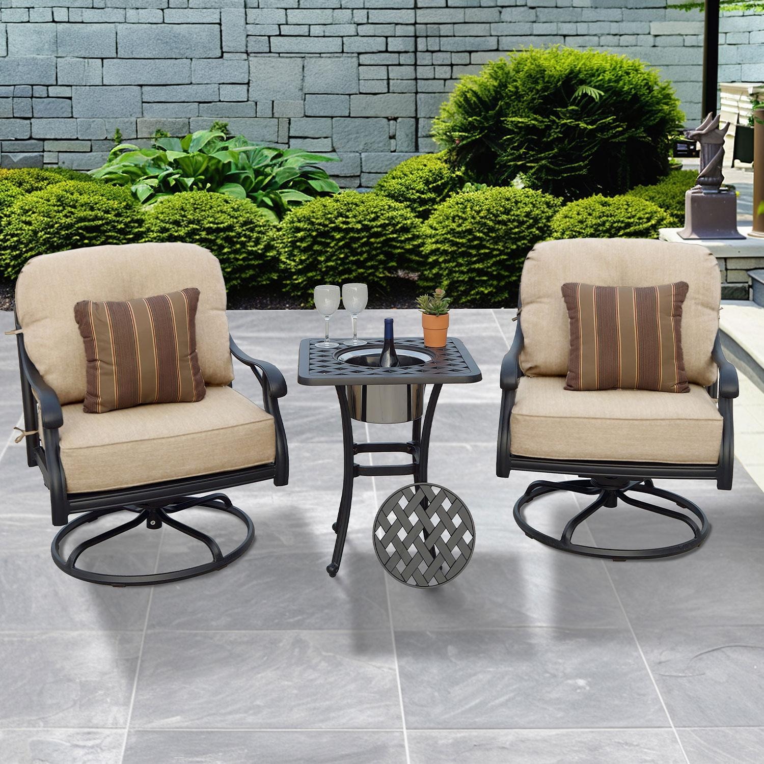 Darlee Nassau 3 Pc Cast Aluminum Seating Set w/ 21 Inch Square Series 30 Ice Bucket End Table & & Throw Pillows in Antique Bronze/Beige Canvas by