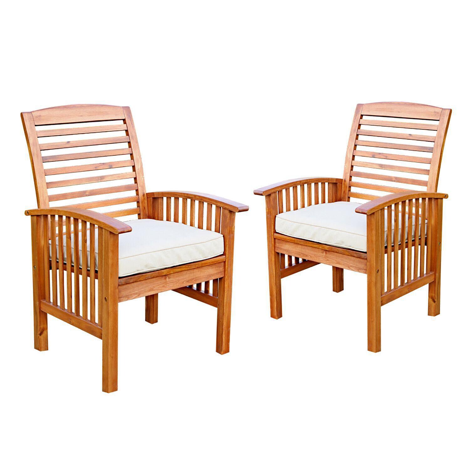 Ultimate Patio Horizon Way 2 Piece Brown Acacia Patio Dining Arm Chair Set W/ Natural Cushions - Full Set thumbnail