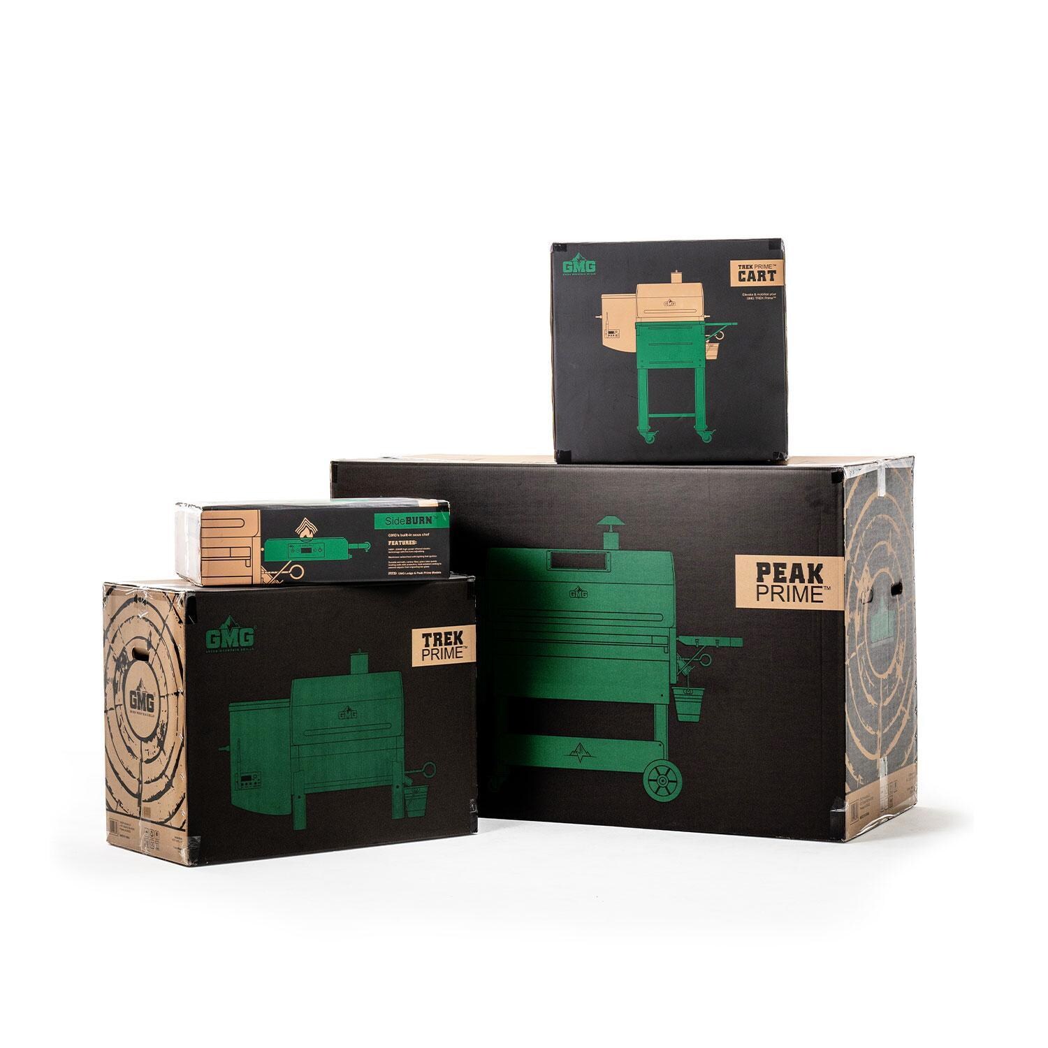 Green Mountain Grills Peak Prime 2.0 WiFi Pellet Grill Bundle w/SideBurn & Cover - Packaging - White Background thumbnail