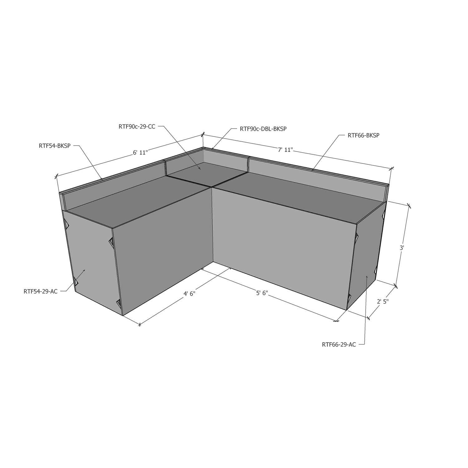 Universal 7 ft X 8 ft Ready To Finish L-Shaped Outdoor Kitchen System Appliance and Storage Cabinets W/Backsplashes On Both Sides - Dimensional thumbnail