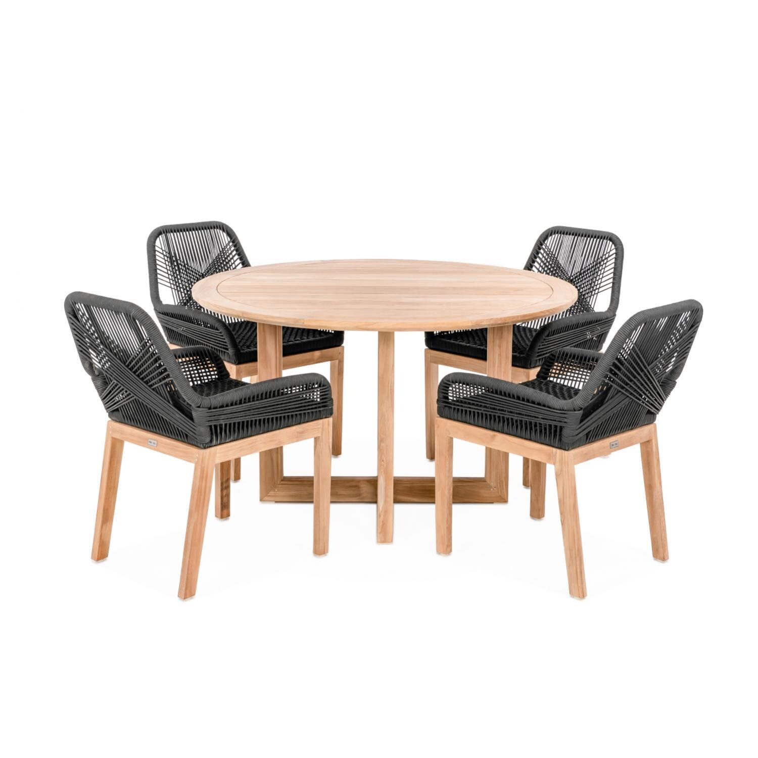 Teak + Table Breeze 5 Piece Olefin Rope & Teak Patio Dining Set W/ 50 Inch Round Table in Charcoal - White Background thumbnail