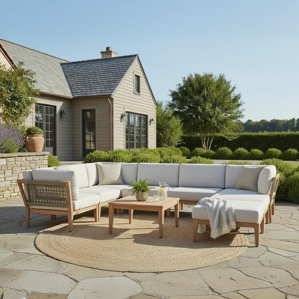 Peninsula Way 9 Pc Set Teak Seating Set By Lakeview Outdoor Designs - On Patio - Lifestyle thumbnail