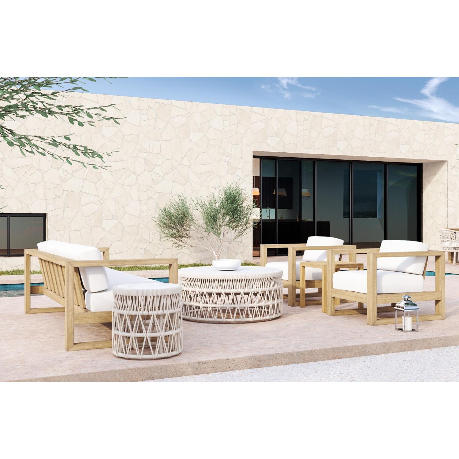 Sunset West - Coastal Teak 5 Piece Patio Conversation Set W/ Coffee Table, End Table, & Sunbrella Canvas Canvas Cushions - Full View thumbnail
