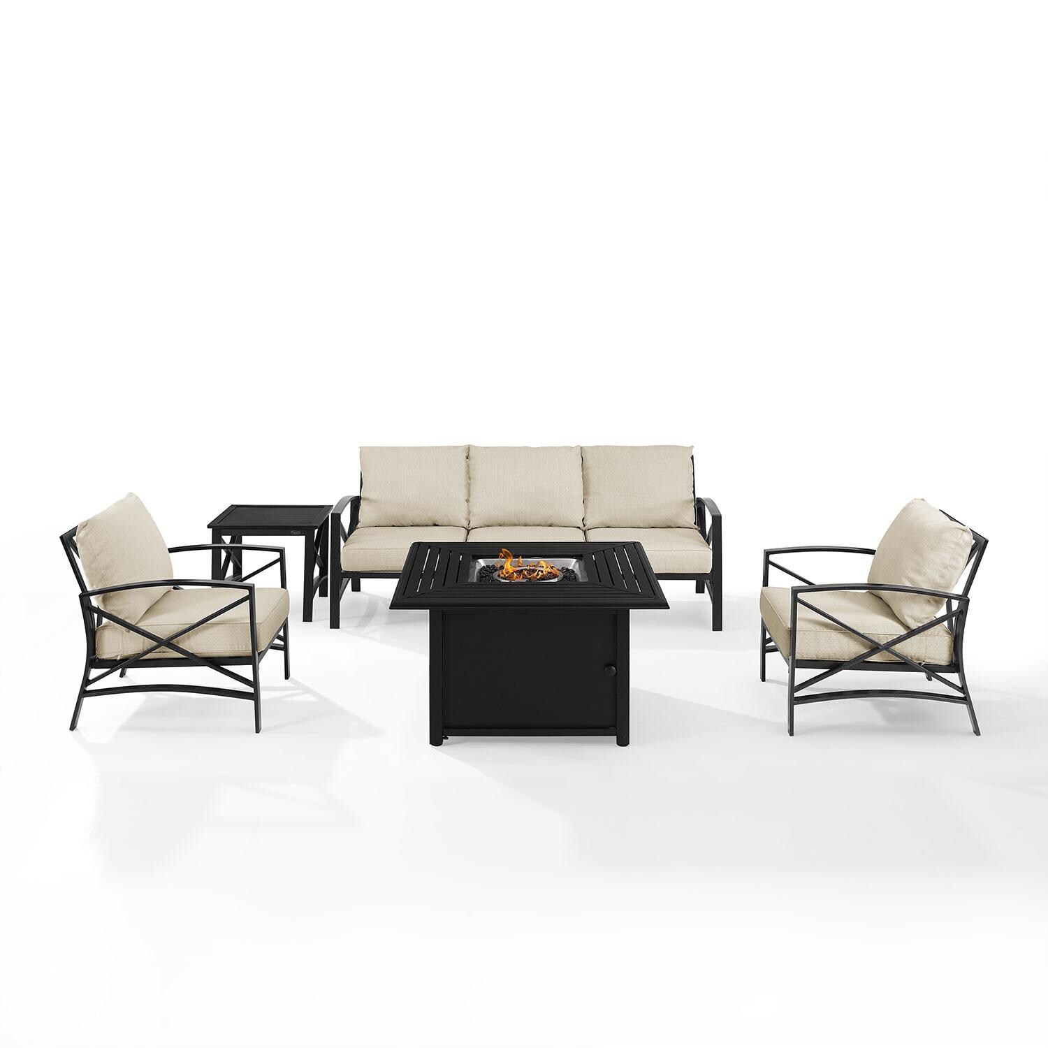 Ultimate Patio UP-82269BZ-OL 5Pc Outdoor Sofa Set W/ Fire Table in Oatmeal - Front View W/ Fire Table On - White Background thumbnail