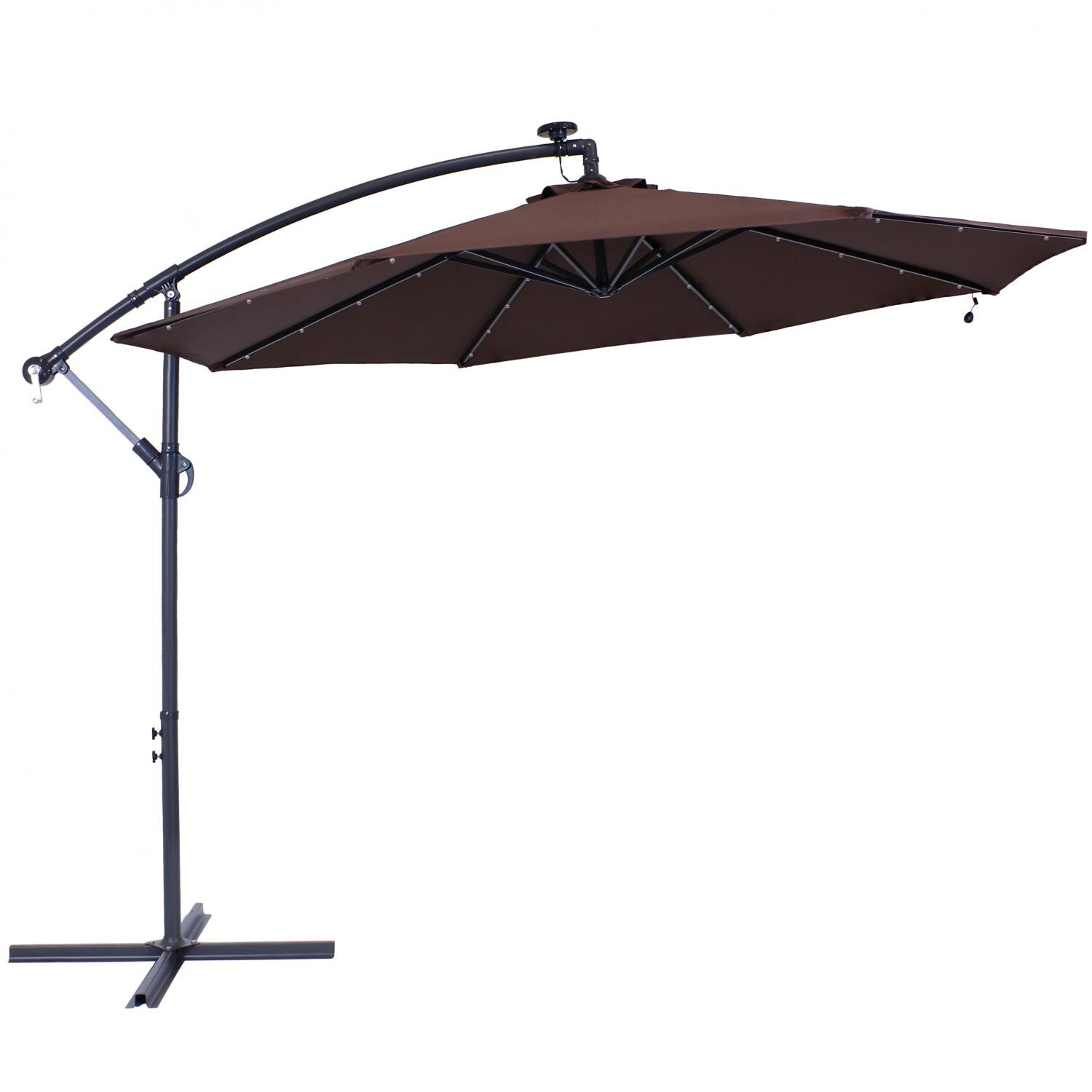 Sunnydaze 10 Ft. Solar Lighted Octagonal Steel Patio Cantilever Umbrella W/ Crank - Dark Gray Frame & Brown Polyester Canopy image