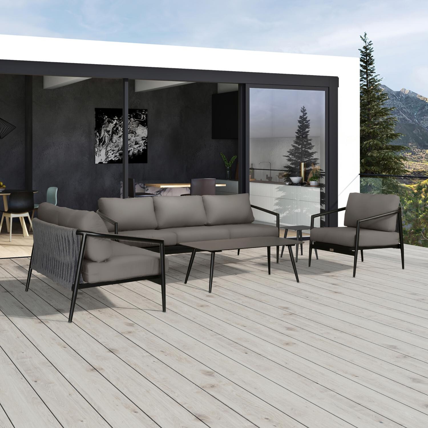 Lakeview Midnight Cove 5 Pc Aluminum Sofa Seating Set in Black/Carbon/Canvas Charcoal - Detail - Lifestyle thumbnail