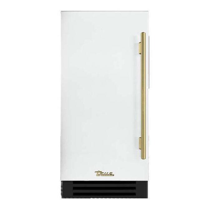 True ADA Height 15 Inch 75 Lb. Left Hinge Outdoor Ice Maker - Matte White w/ Brass Handle - TUIADA-15-LS-A~030-H01