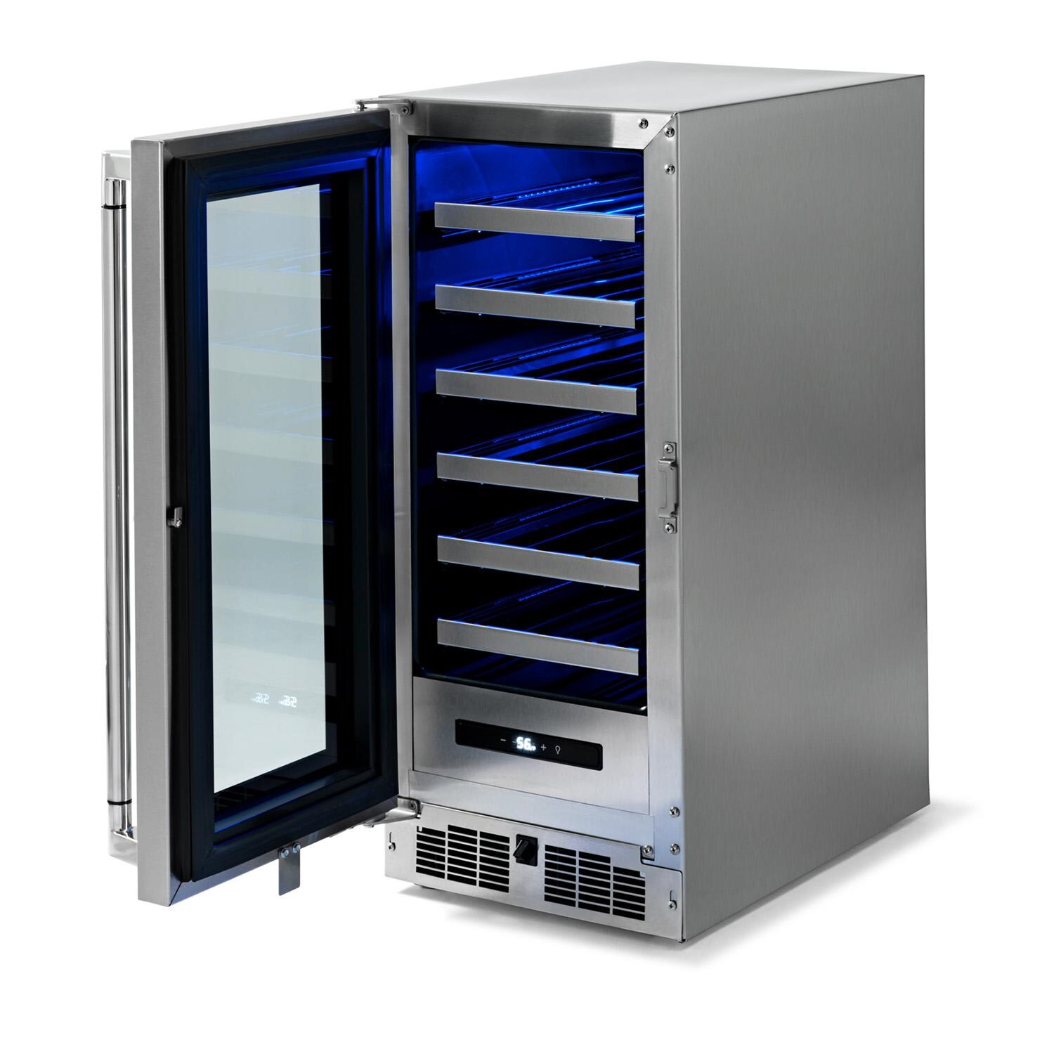 Lynx LN15WINE 15-in 2.7 Cu. Ft. Outdoor Wine Refrigerator w/ Lock - Angled Door Open - White Background thumbnail