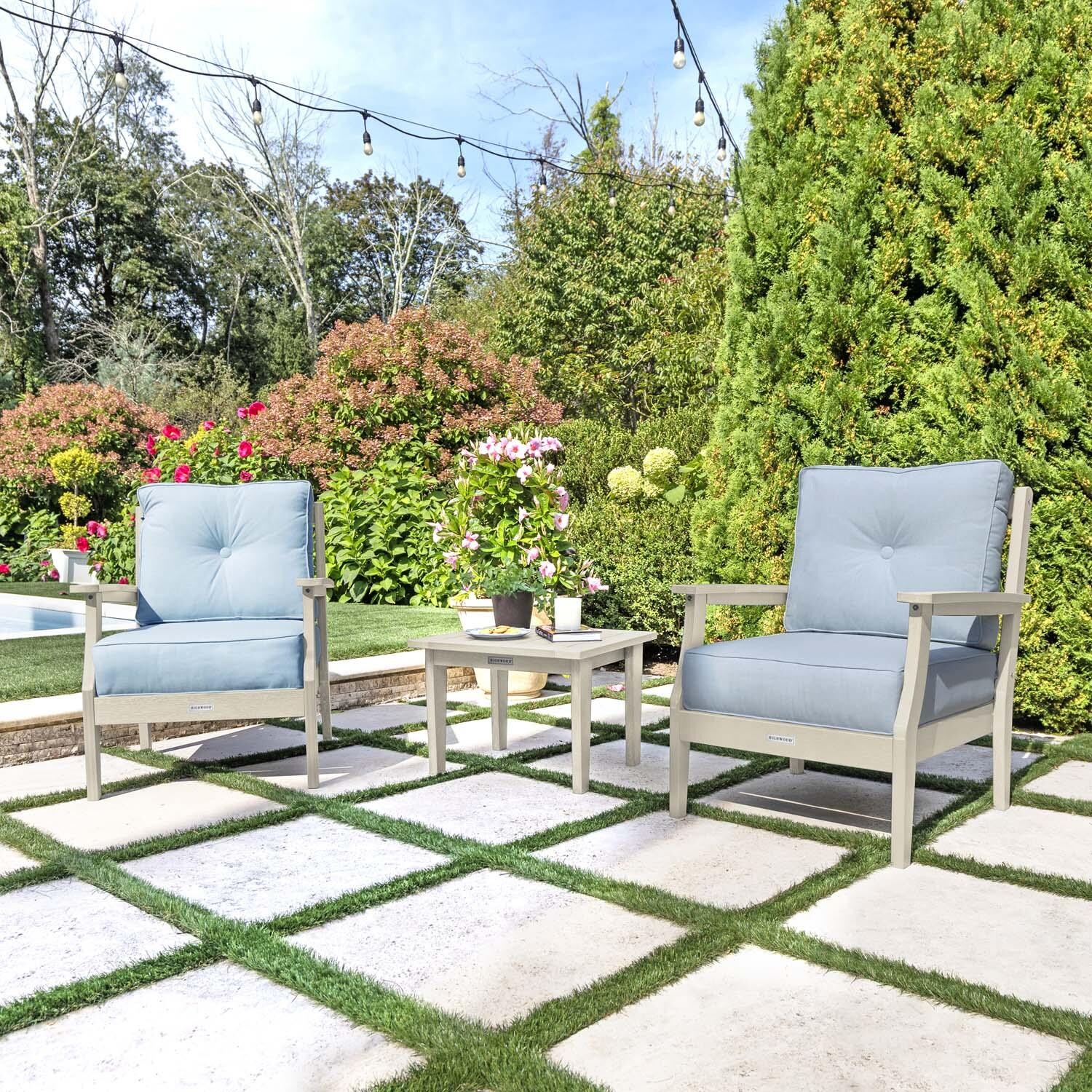 Blushing Bay 3 Pc Recycled Plastic Seating Set in Bliss Dew/Whitewash by Lakeview Outdoor Designs - Angled Right - Lifestyle thumbnail