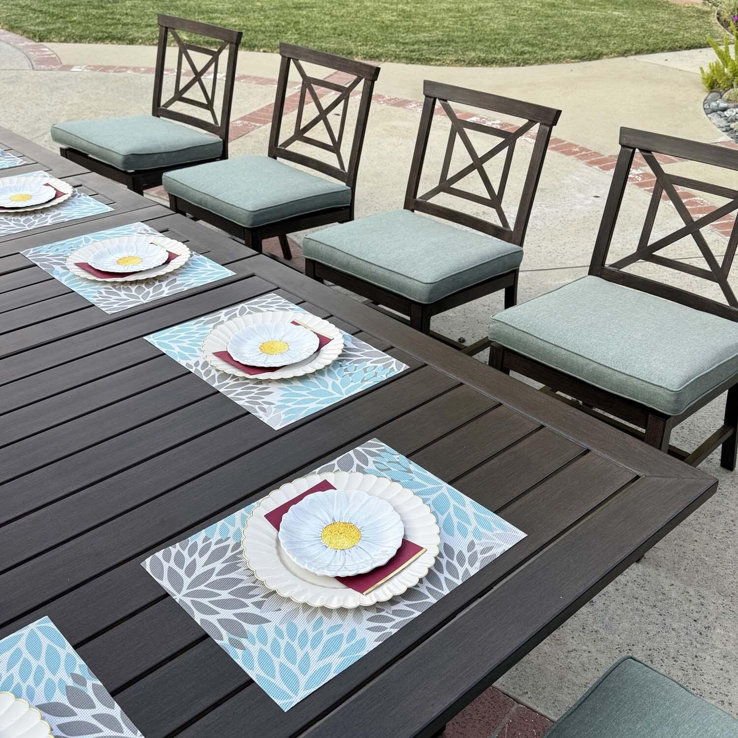 Atlantis 9 Pc Aluminum Dining Set in Walnut/Spa by Darlee - Close Up - Lifestyle thumbnail