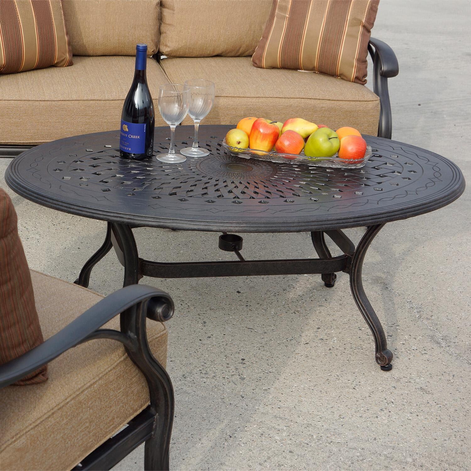 Darlee Nassau 4-Piece Patio Loveseat Conversation Set with Cushions and 31 X 46 Inch Oval Coffee Table - Table - Lifestyle thumbnail