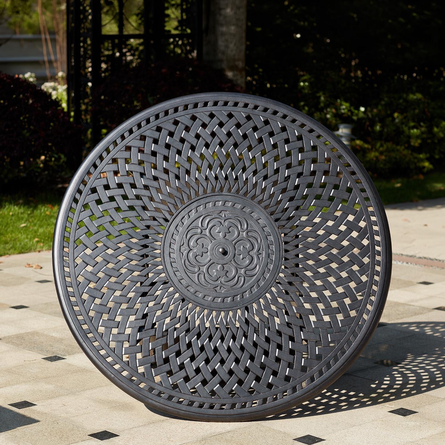 Darlee Elisabeth 7 Pc Cast Aluminum Fire Pit Dining Set w/ 60 Inch Round Signature Table in Antique Bronze/Beige - Table Top - Lifestyle thumbnail