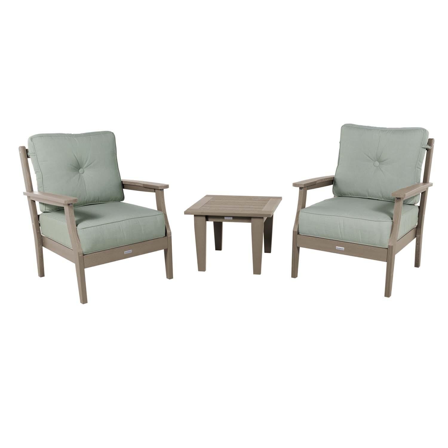 Blushing Bay 3 Pc Recycled Plastic Seating Set in Canvas Seasalt/Woodland Brown by Lakeview Outdoor Designs - White Background thumbnail