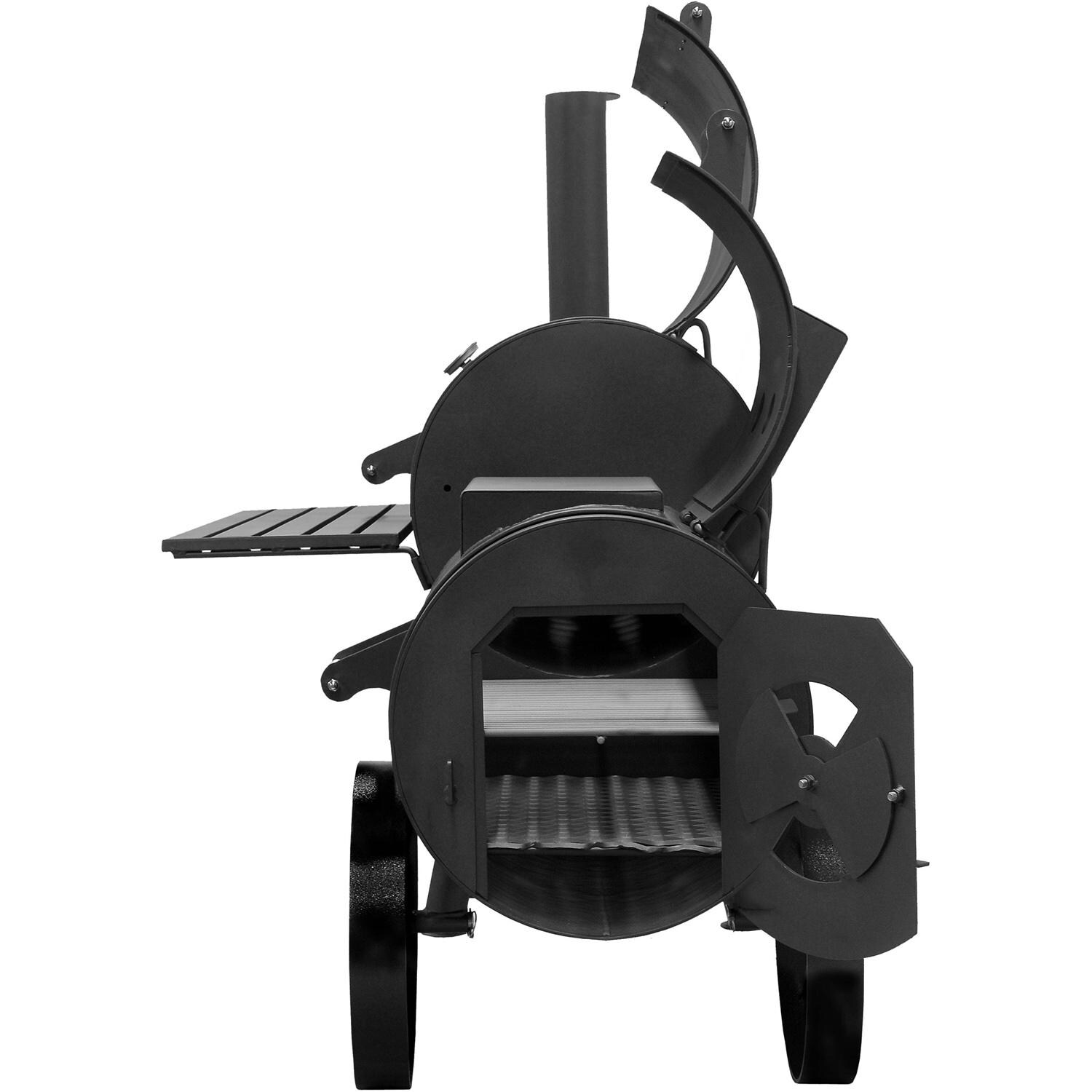 1801 - BBQ Pit Boys Denali Offset Charcoal Smoker - Right Side View With Hoods Open thumbnail