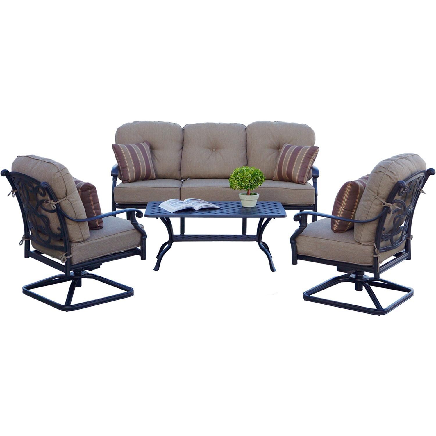 Darlee Santa Monica 4-Piece Patio Sofa Conversation Set (with 2 Swivel Rocker Club Chairs) with Cushions and Series 30 21 X 42 Inch Rectangular Coffee Table - Set - White Background thumbnail