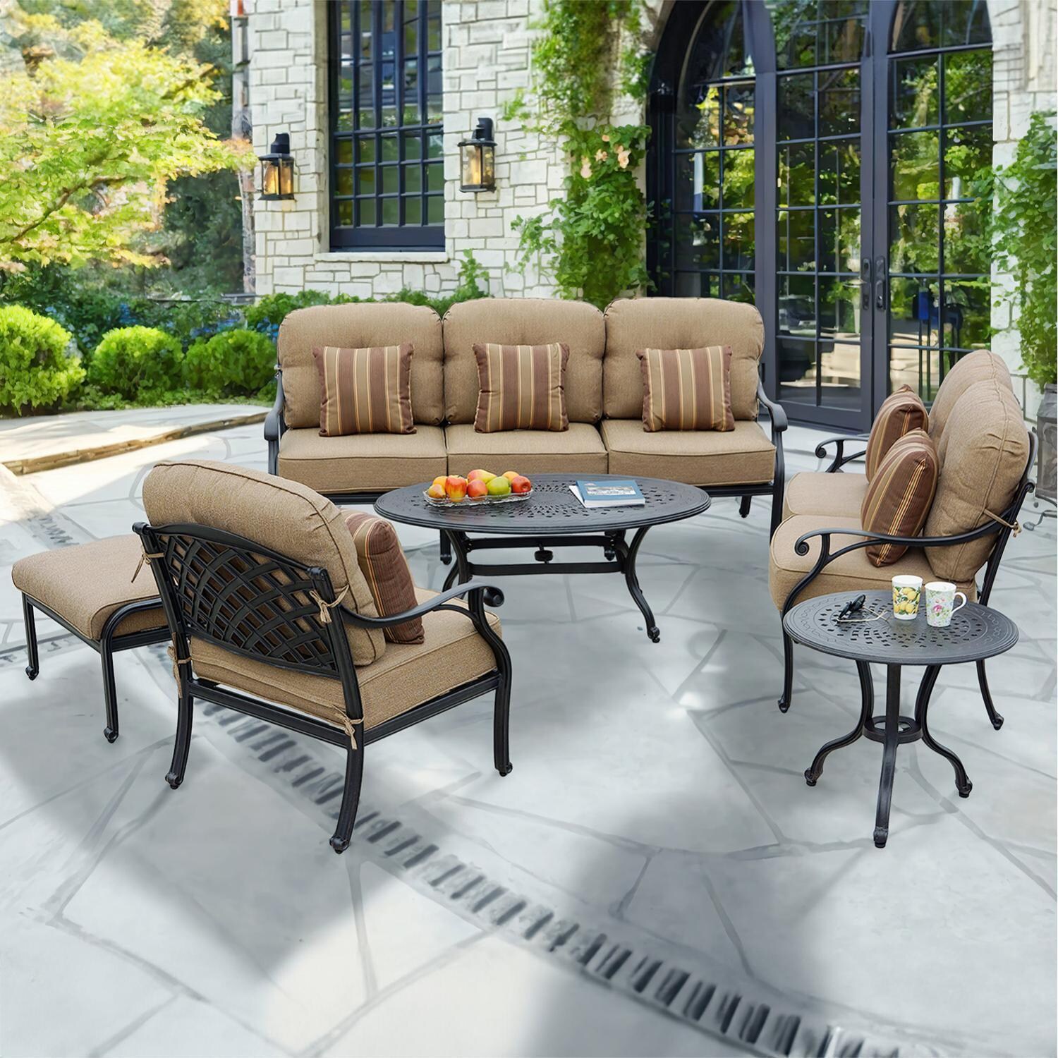 Darlee Nassau 6-Piece Patio Fire Pit Deep Seating Set with Cushions and 24 Inch Round End Table and 31 X 46 Inch Oval Coffee Table - Set - Lifestyle thumbnail