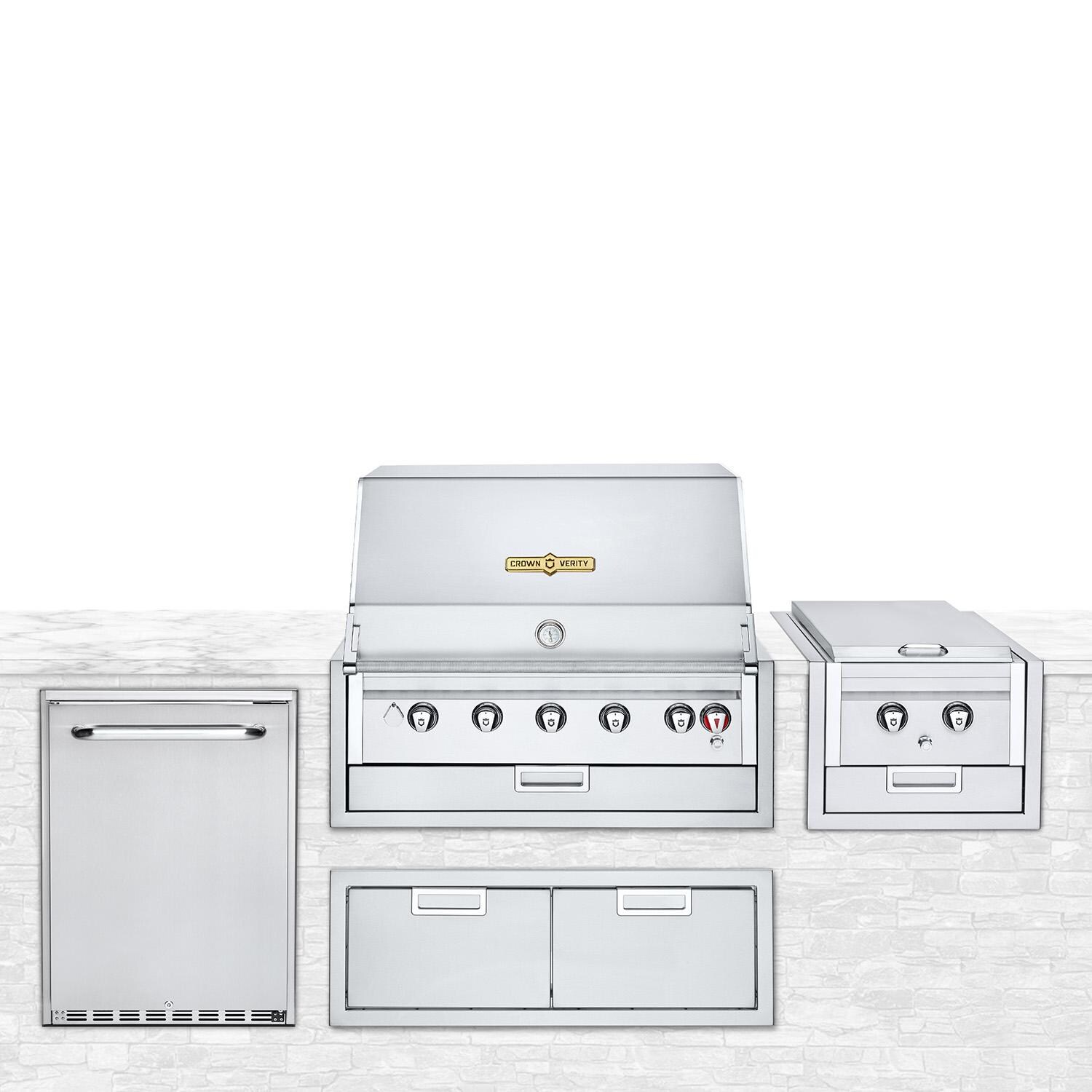 Crown Verity IBI36NG Infinite Series 4pc 36-Inch Natural Gas Built-In Grill Bundle W/Refrigerator, Access Door, & Sideburner - White Background thumbnail