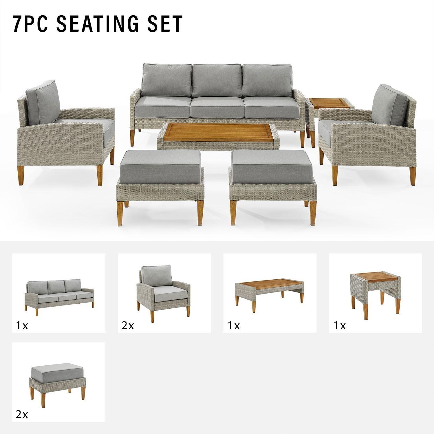 Ultimate Patio UP-92431GY-AC 7Pc Wicker Outdoor Sofa Patio Furniture Set in Acorn - Included in Set (Sofa, Two Club Chairs, Two Ottomans, Middle Table, & Coffee Table) - Diagram thumbnail